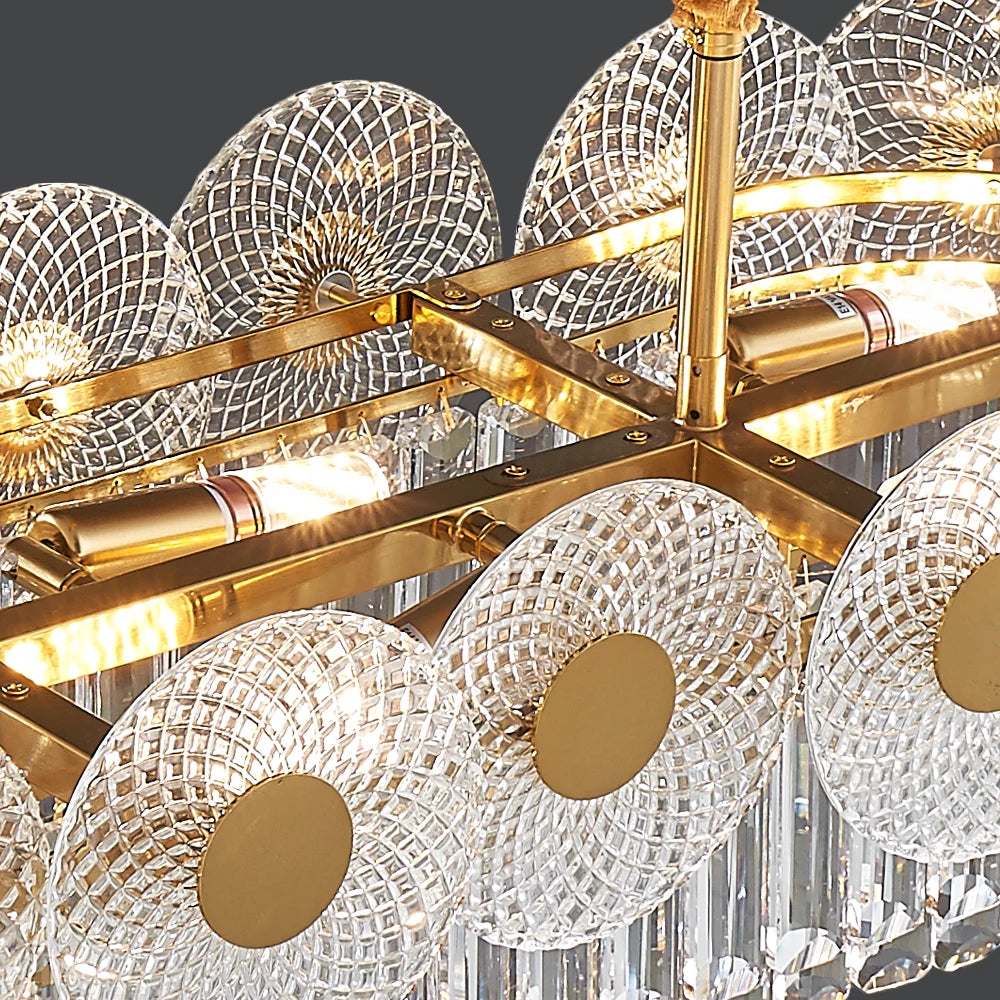 Detailed view of diamond cut rectangular crystals beneath structured frame on VORELLI® Morandi rectangular chandelier