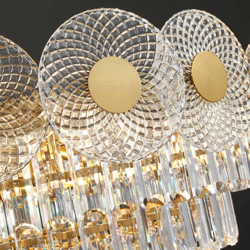 Close up of patterned glass discs and diamond cut rectangular crystals on VORELLI® Morandi circular chandelier