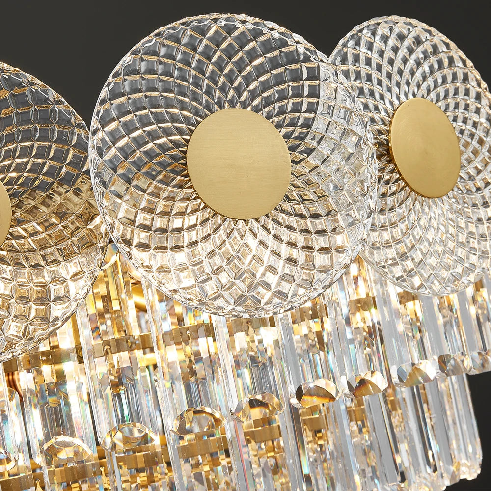 Close up of textured glass discs on VORELLI® Morandi rectangular chandelier