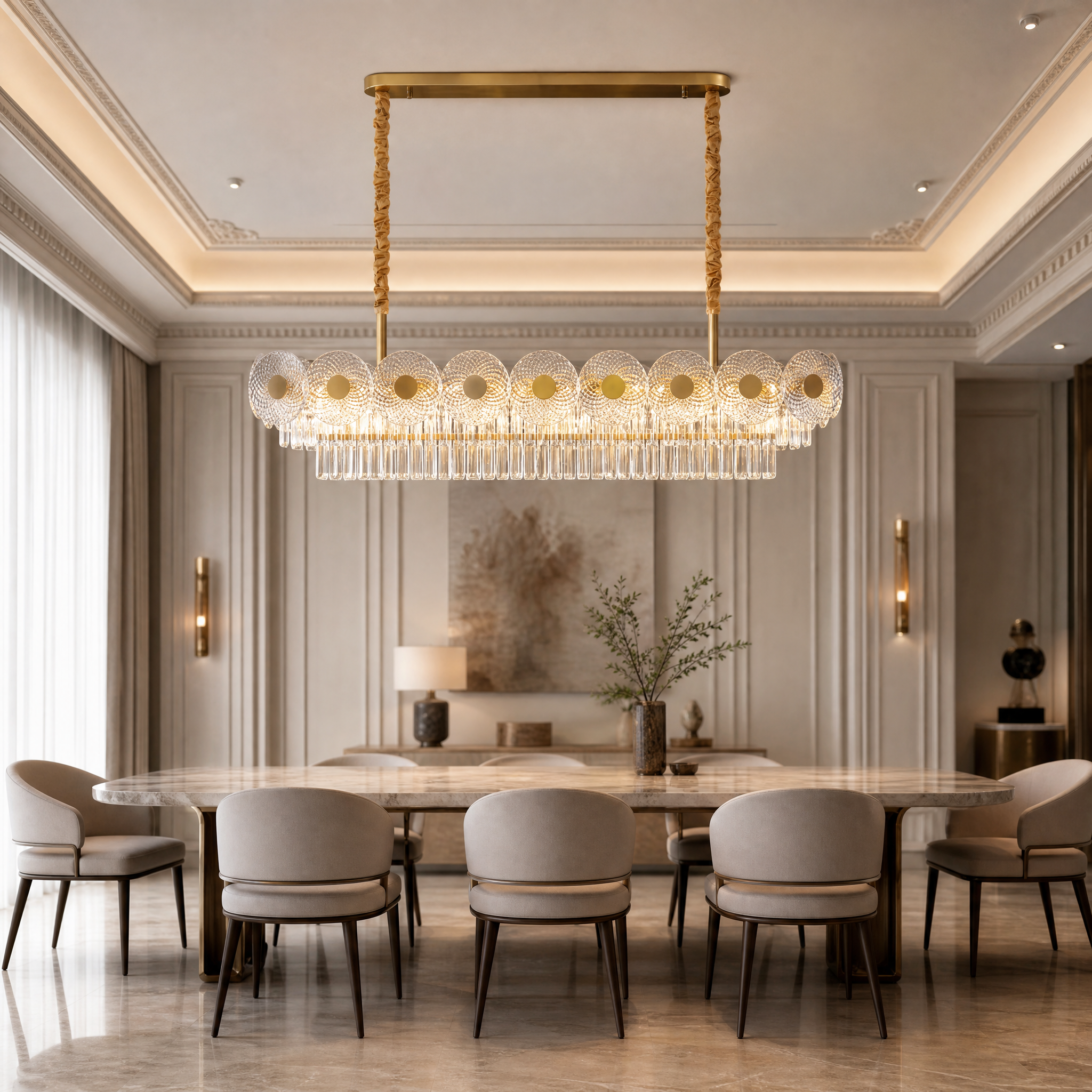 VORELLI Morandi rectangular chandelier featuring textured crystal discs and a stainless steel frame illuminating a luxury residential dining room.