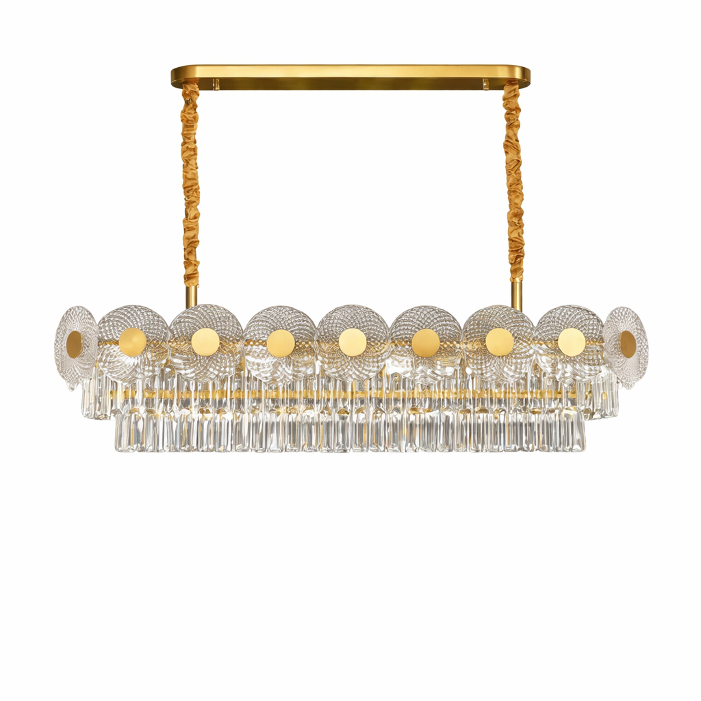 VORELLI® Morandi rectangular chandelier featuring textured glass discs and layered diamond cut faceted crystals on white background