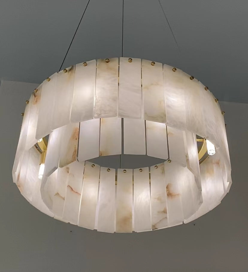 VORELLI® Munro circular marble chandelier viewed from below highlighting layered stone panels and diffused illumination