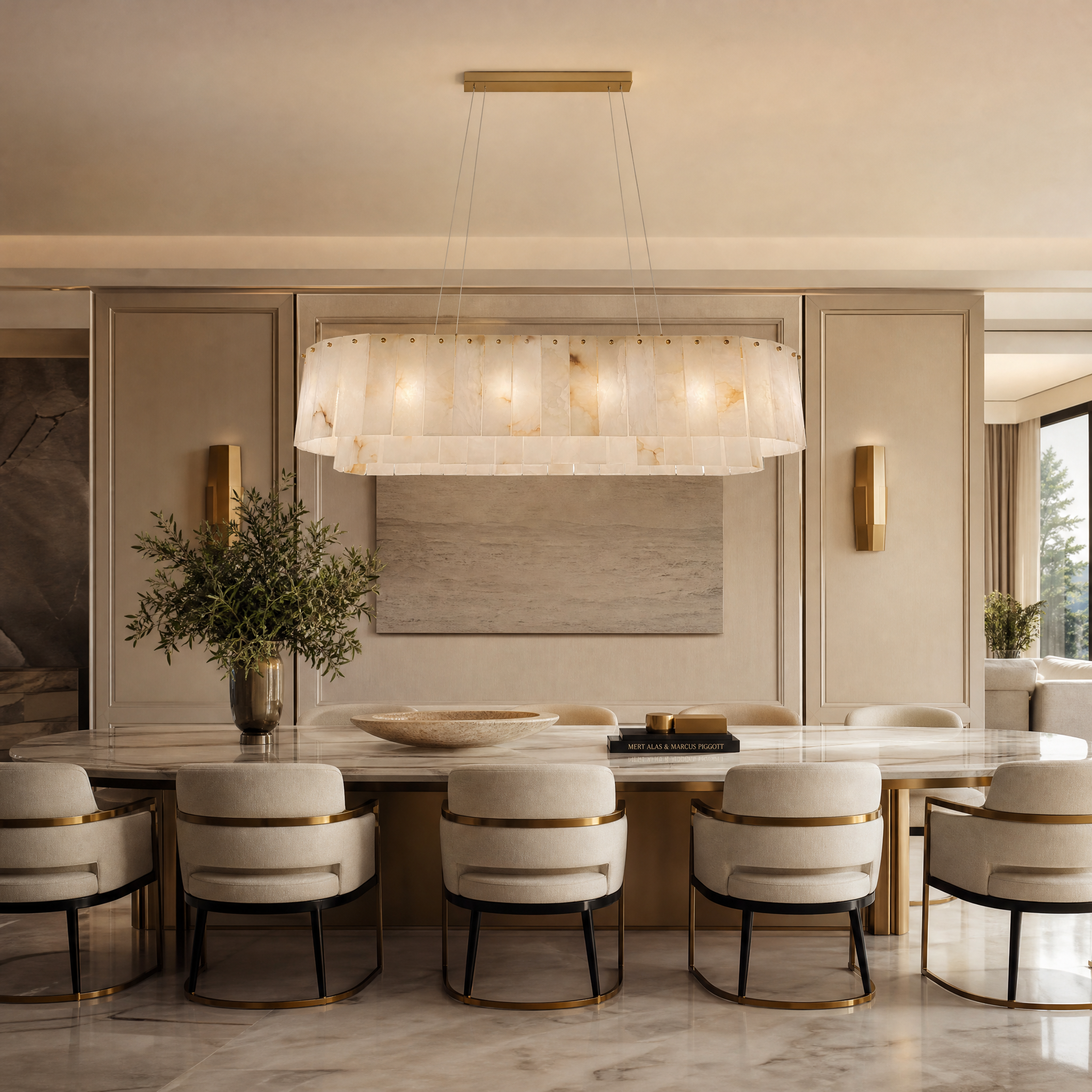 VORELLI Munro marble rectangular chandelier hanging above a luxury residential dining table, casting a warm and sophisticated glow.