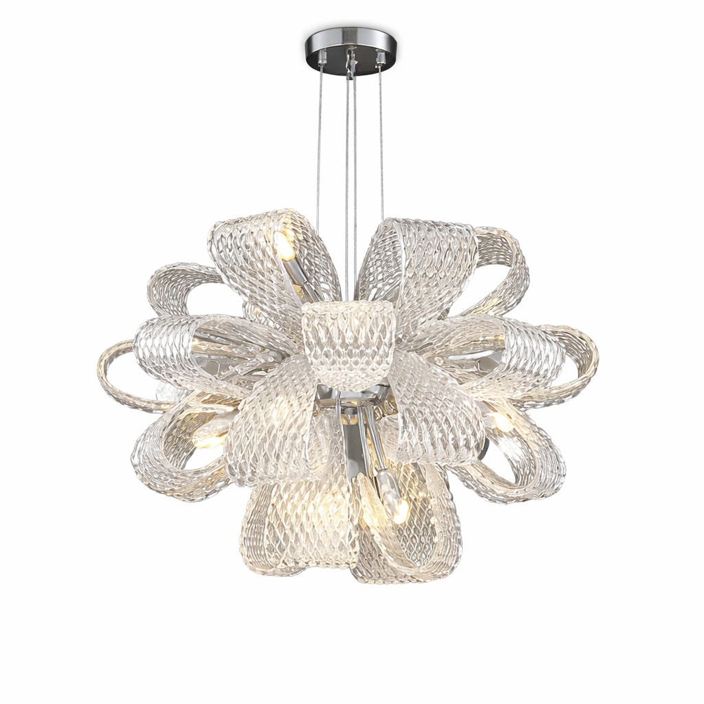 VORELLI® Munz circular chandelier featuring sculptural textured glass ribbons arranged around contemporary frame on white background