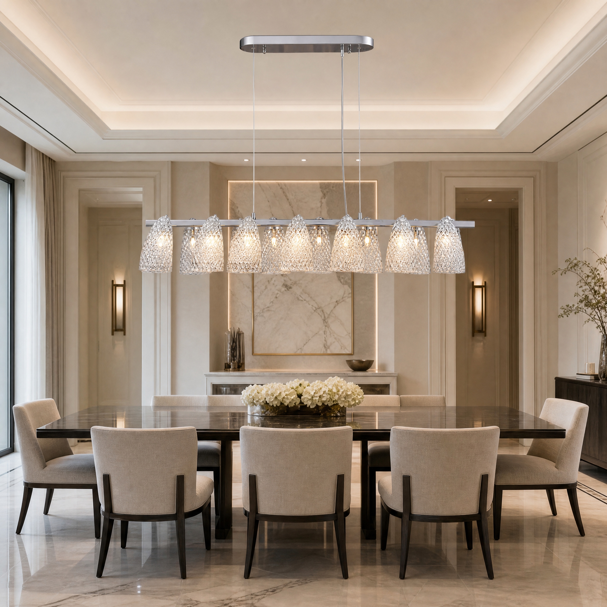 VORELLI Munz rectangular chandelier with textured glass panels illuminating a luxury modern residential dining room table.