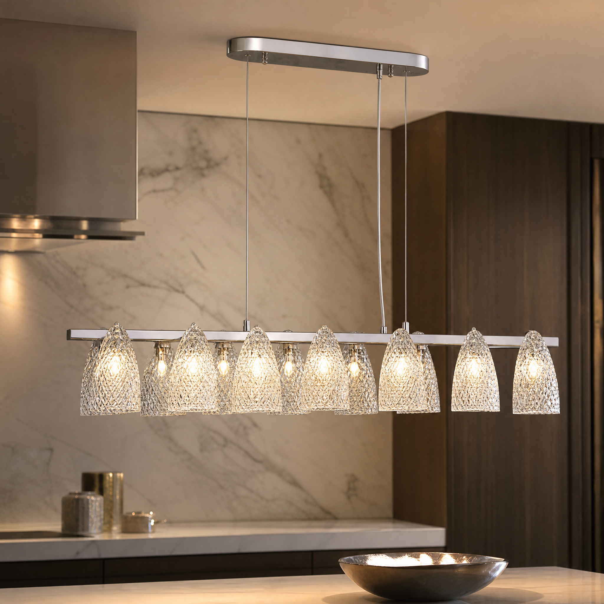 Close-up detail of the textured glass ribbon design and sleek frame on the VORELLI Munz rectangular chandelier.