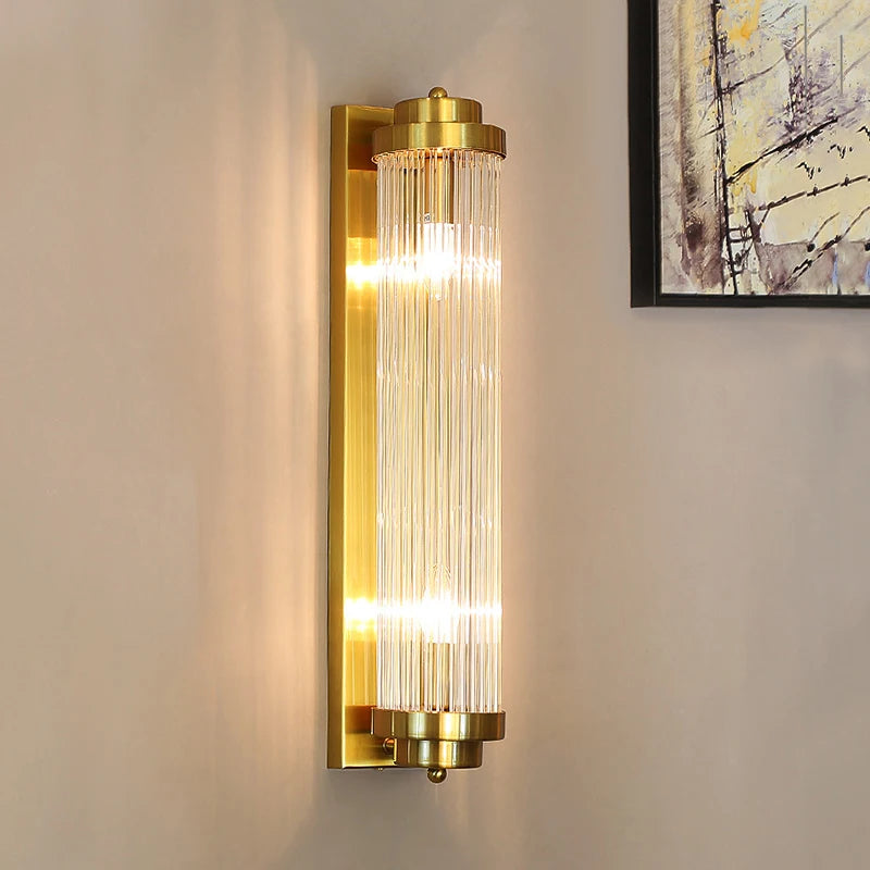 VORELLI® Mykonos luxury wall light installed in contemporary living space with vertical crystal tube detailing