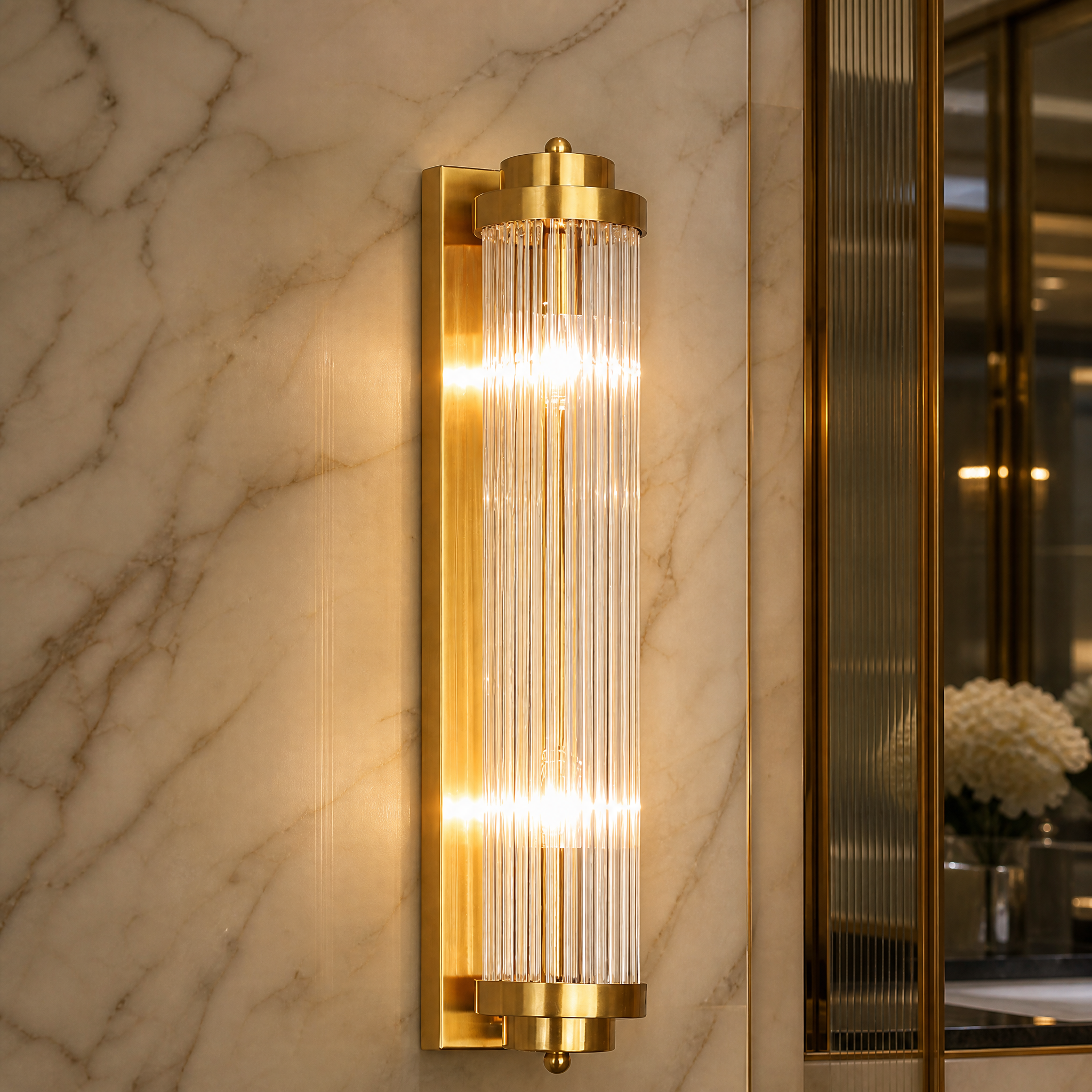Macro closeup of the VORELLI Mykonos wall light highlighting the intricate crystal tubes and premium textured metal finish of the end cap.