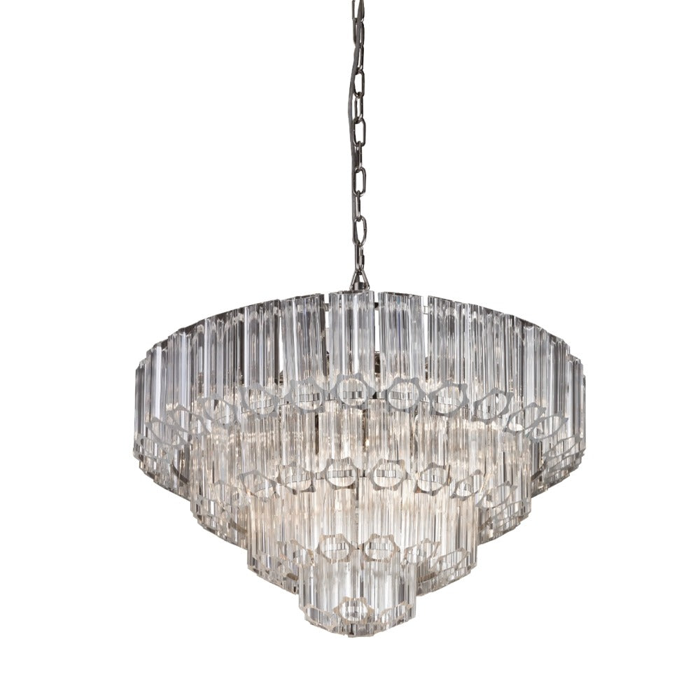 VORELLI® Nasser large chandelier featuring layered two tier glass rod design in suspended statement form on white background