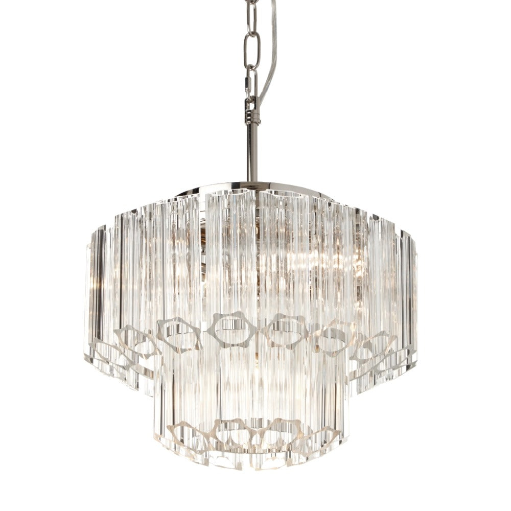VORELLI® Nasser small chandelier featuring compact layered glass rod design in suspended form on white background