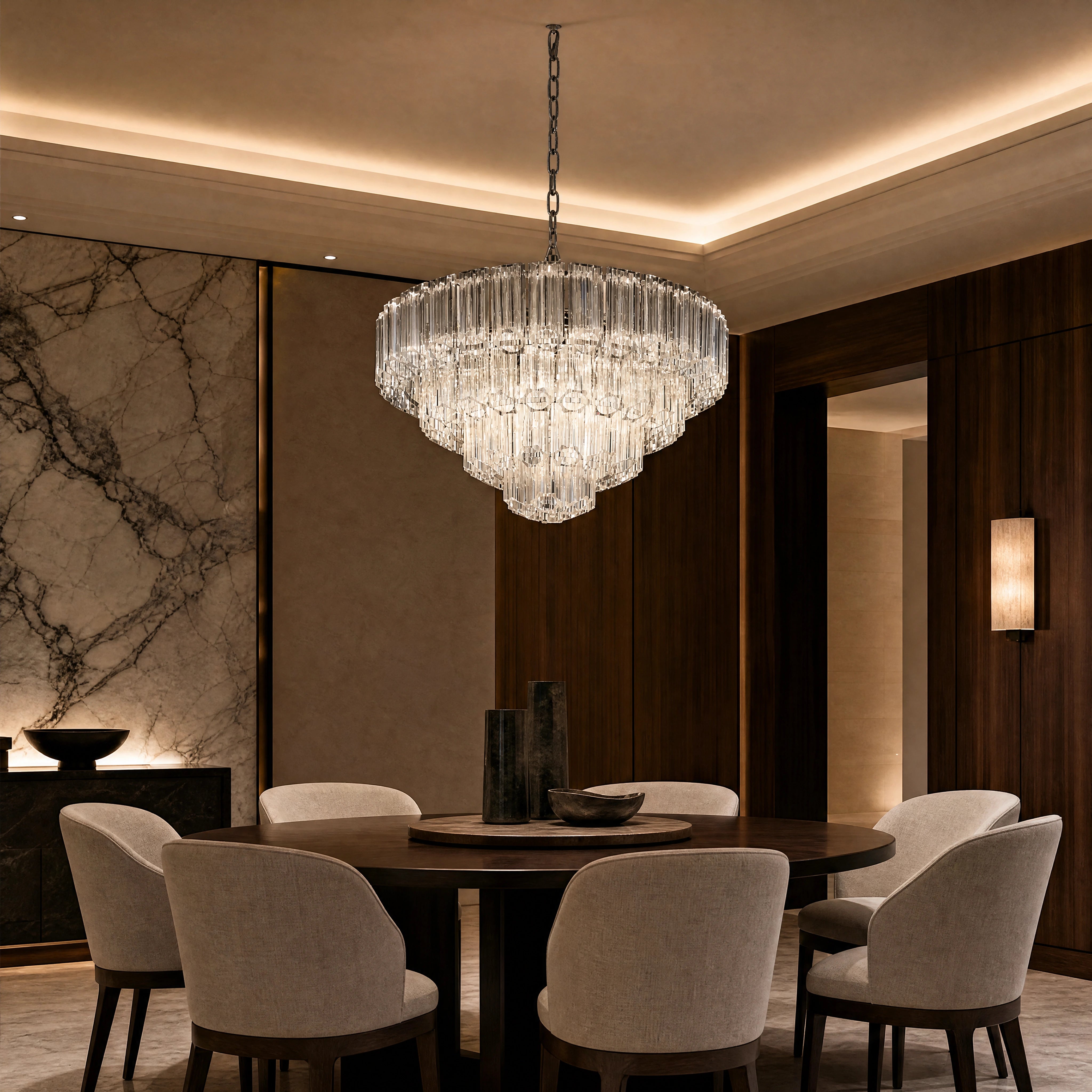 Nassevo Antique Brass Large Tiered Chandelier close-up luxury lifestyle hero image by VORELLI