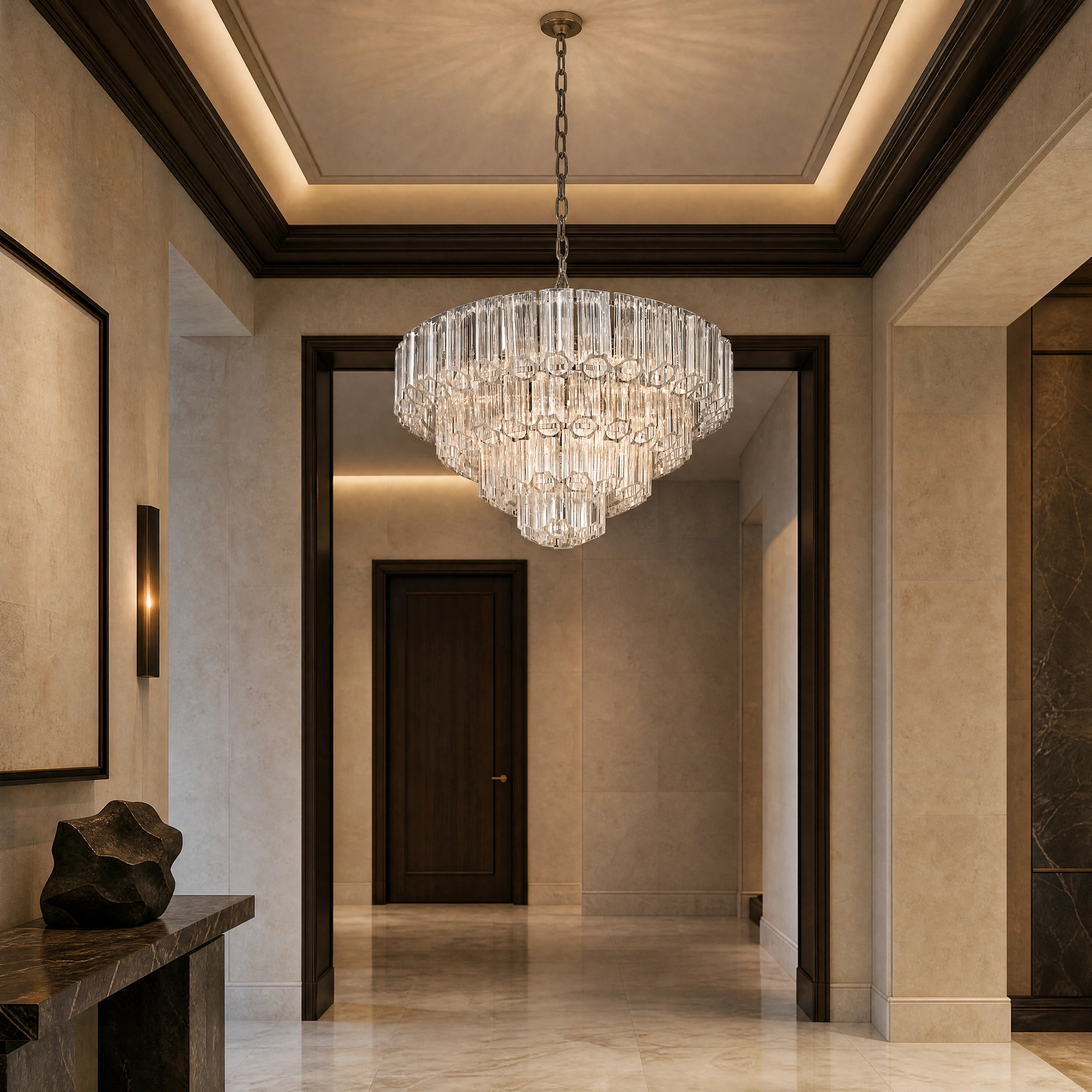 Nassevo Antique Brass Large Tiered Chandelier UHNW private residence luxury lifestyle image by VORELLI