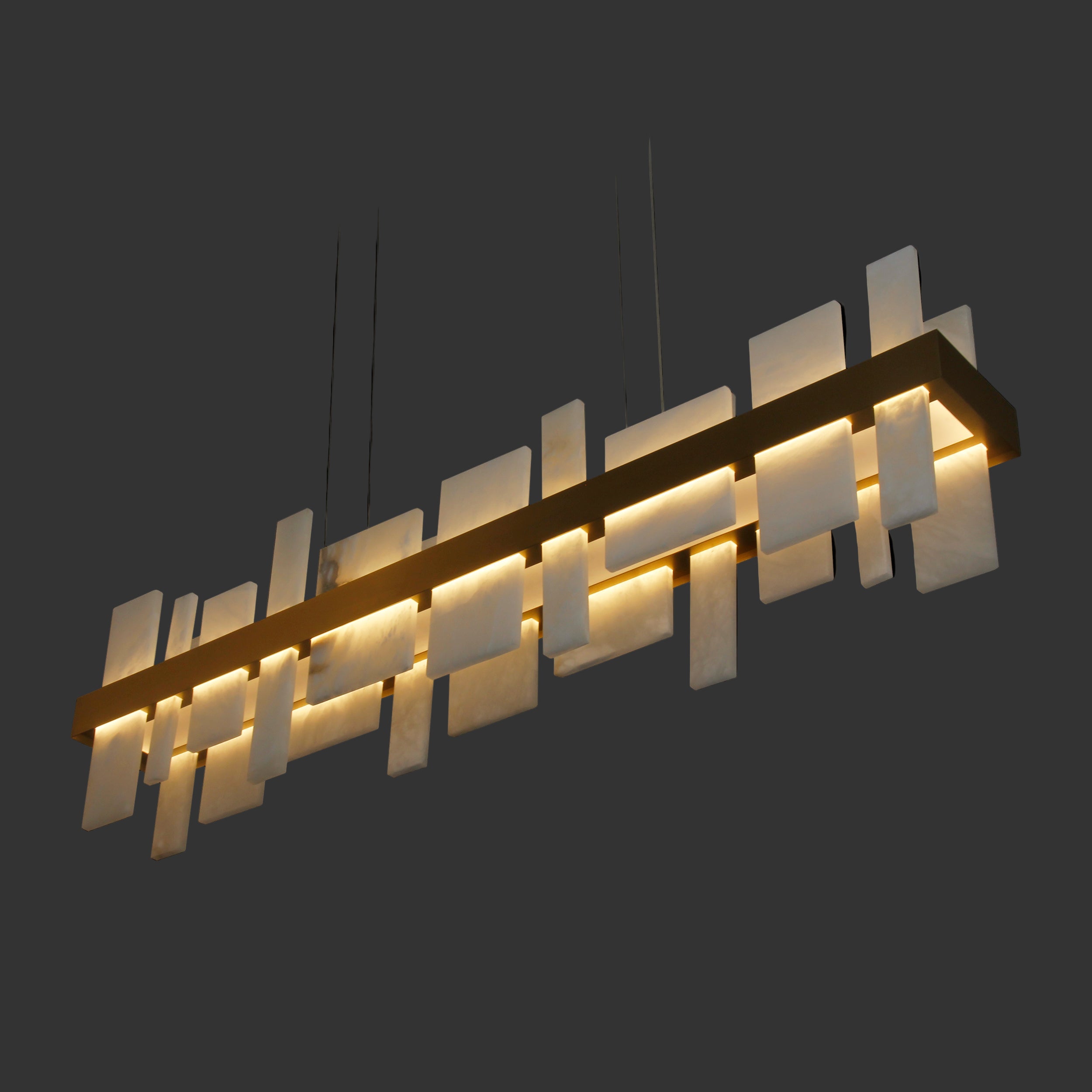 VORELLI® Niva marble linear chandelier suspended from ceiling showcasing balanced rectangular geometry