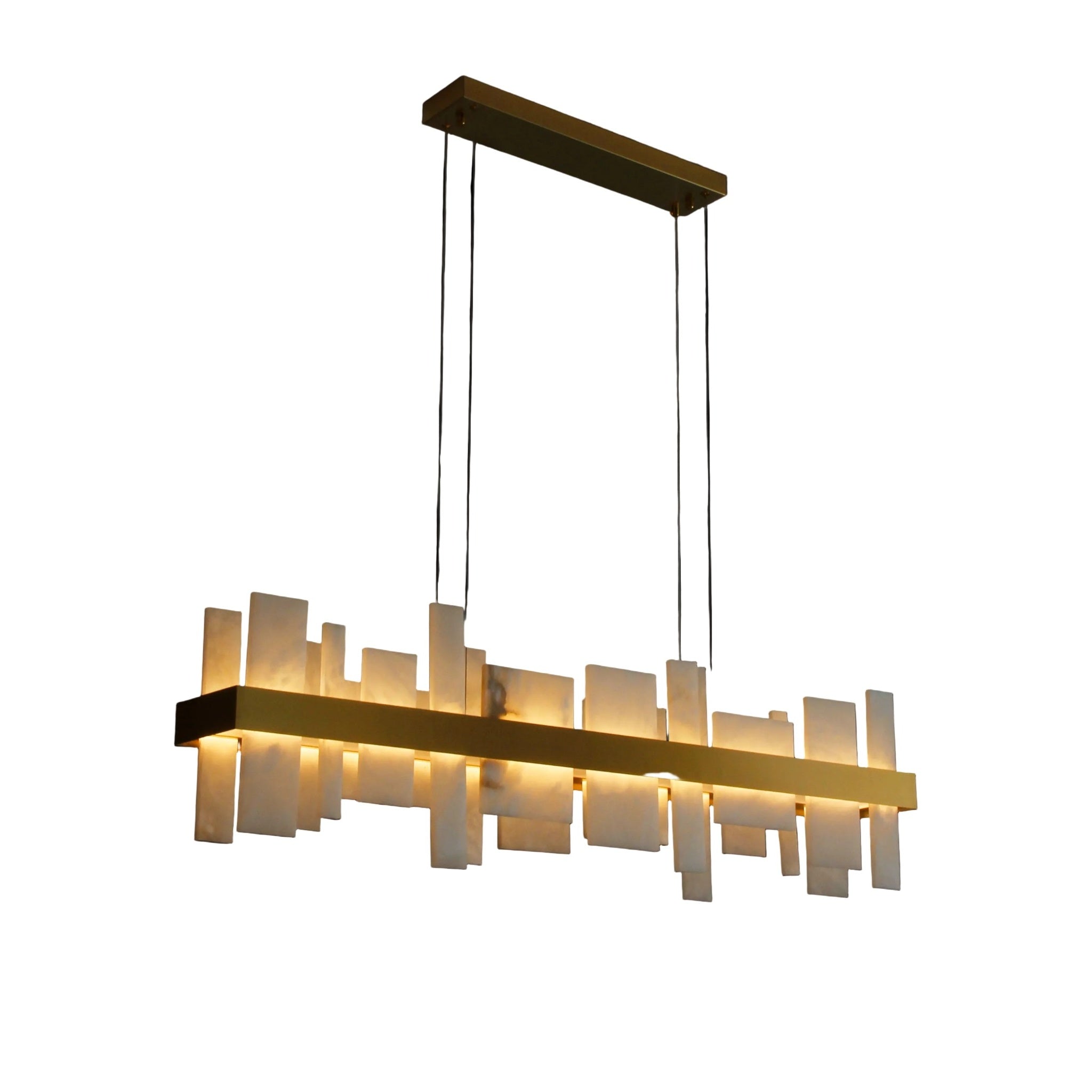 VORELLI® Niva marble rectangular chandelier featuring layered natural stone panels arranged along sleek suspended frame on white background