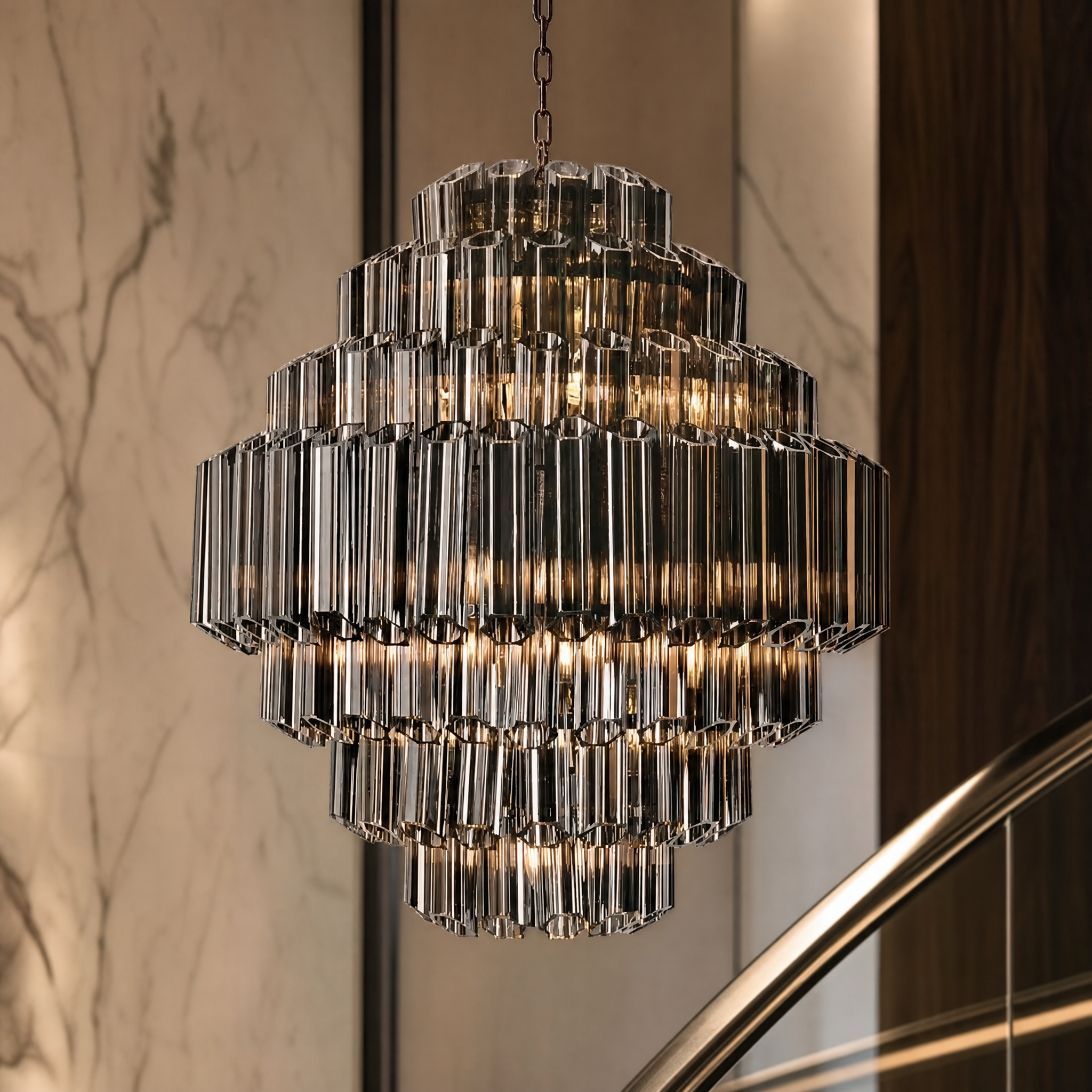 Macro close-up shot of the diamond formation smoked glass tubes and iron frame of the VORELLI Noir Palermino chandelier.