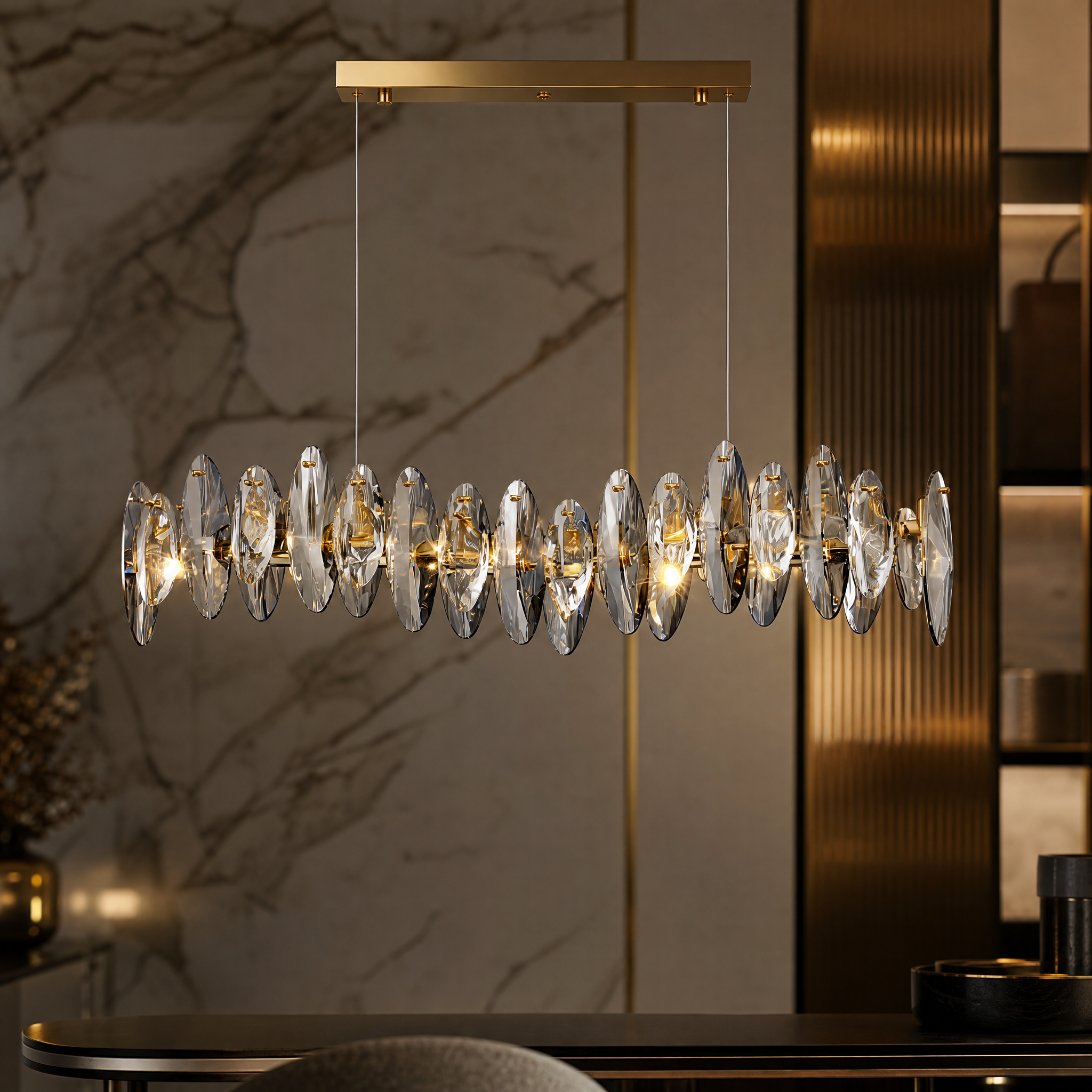 A detailed close-up of the VORELLI Oakhill chandelier featuring alternating clear and smoky crystal ovals set in a premium frame.