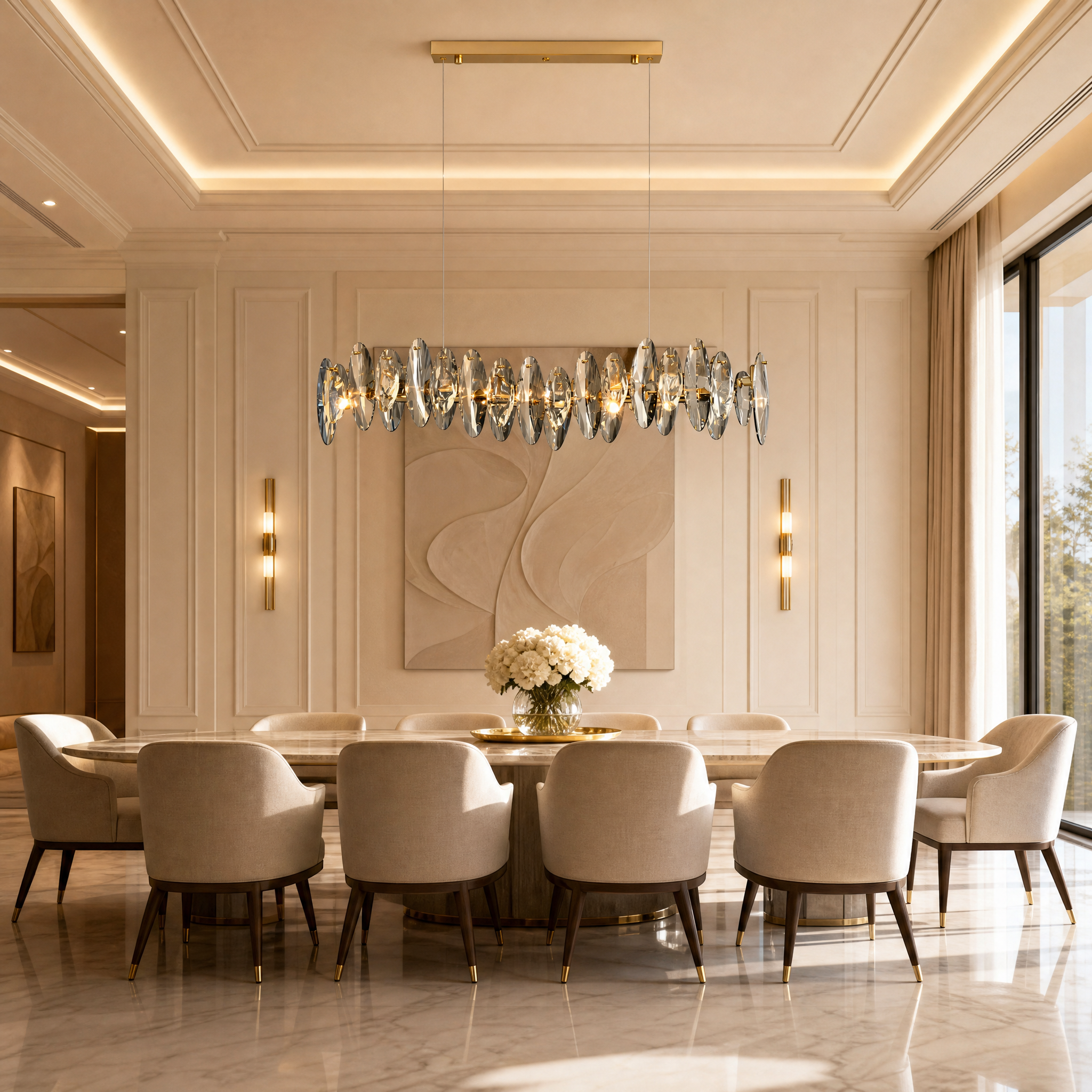 VORELLI Oakhill rectangular crystal chandelier illuminating a contemporary luxury dining room table setting.