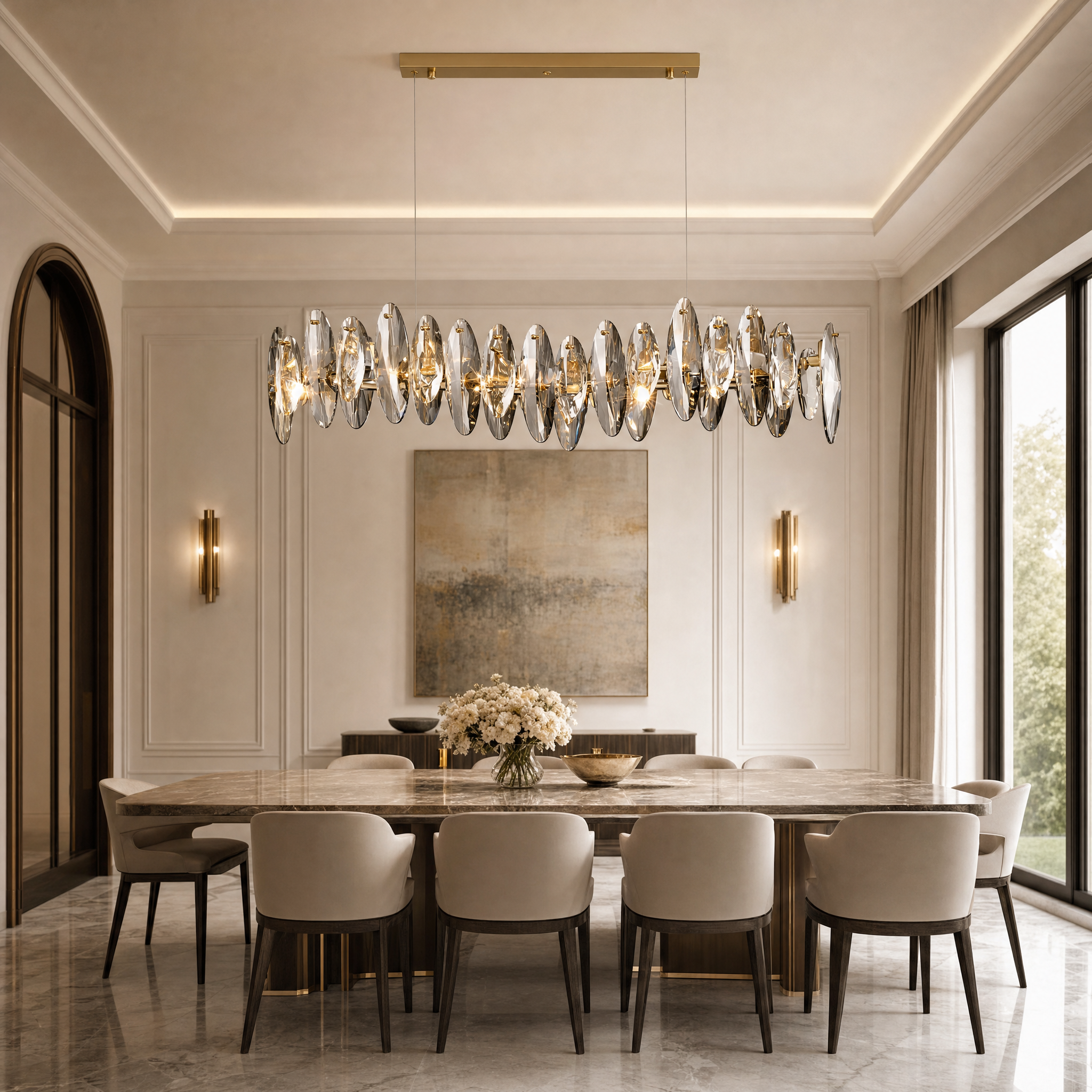 VORELLI Oakhill rectangular crystal chandelier illuminating a contemporary luxury dining room table with a warm ambient glow.