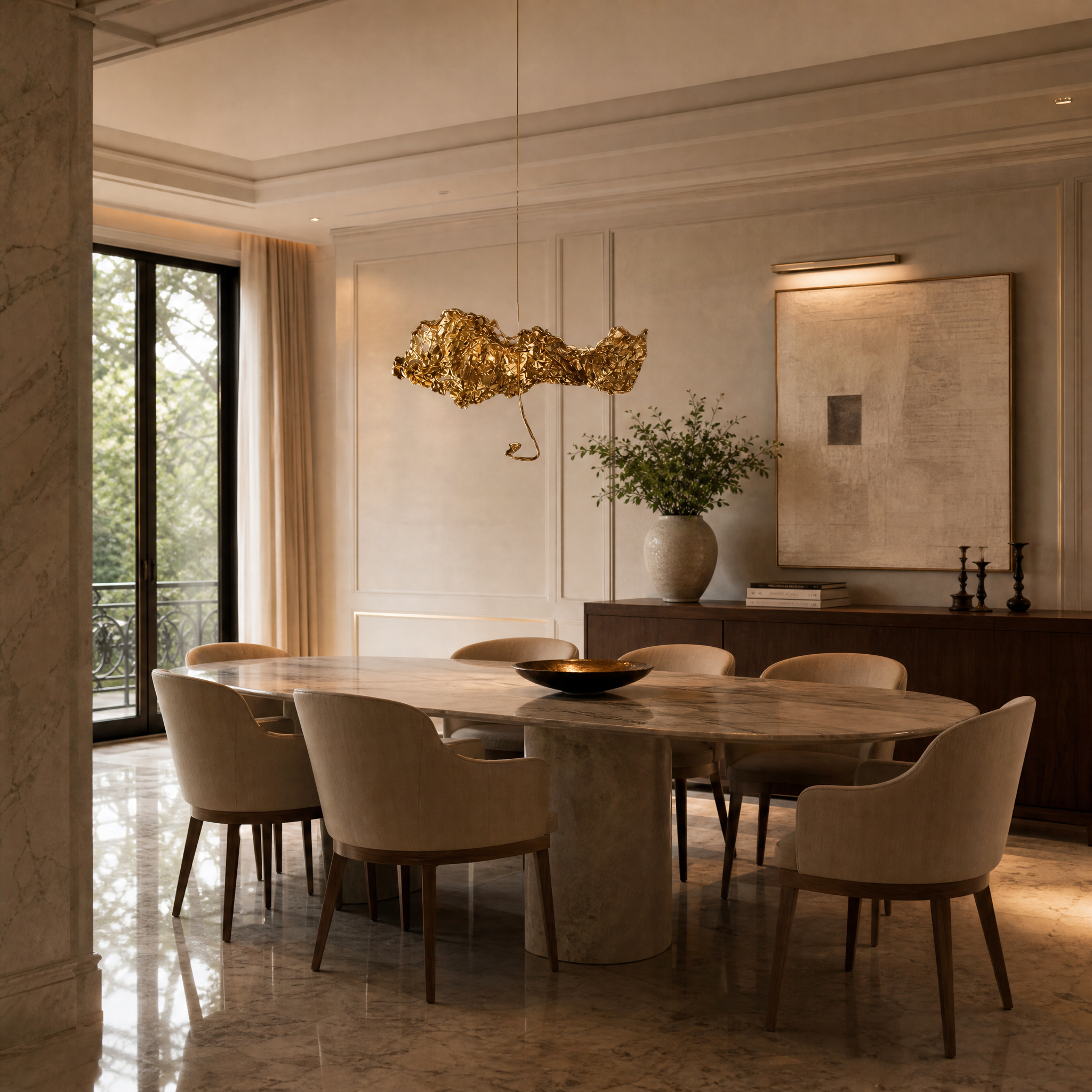 The VORELLI Obscura Pendant Light installed as a bold focal point over a modern luxury residential dining room table.