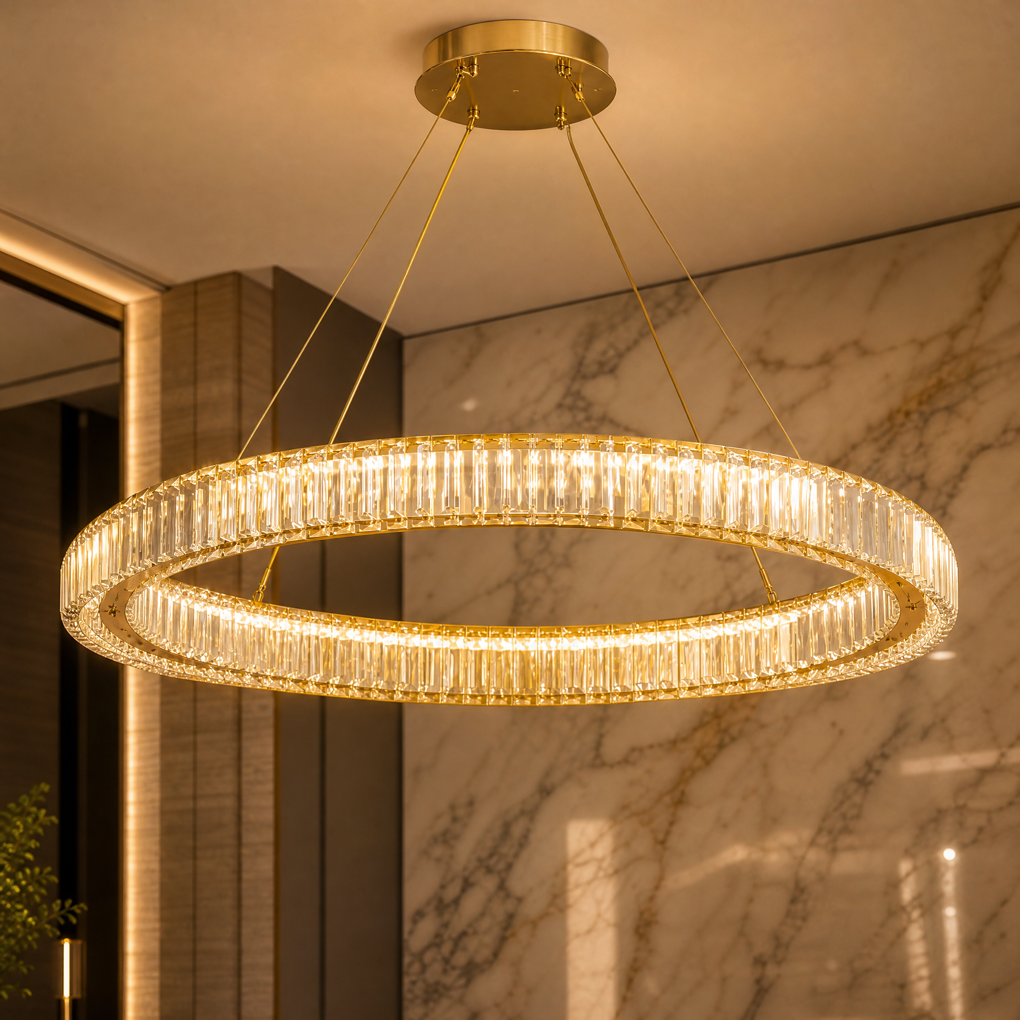 Macro closeup of the VORELLI Oia chandelier highlighting the premium stainless steel frame and high-quality clear crystal bars.