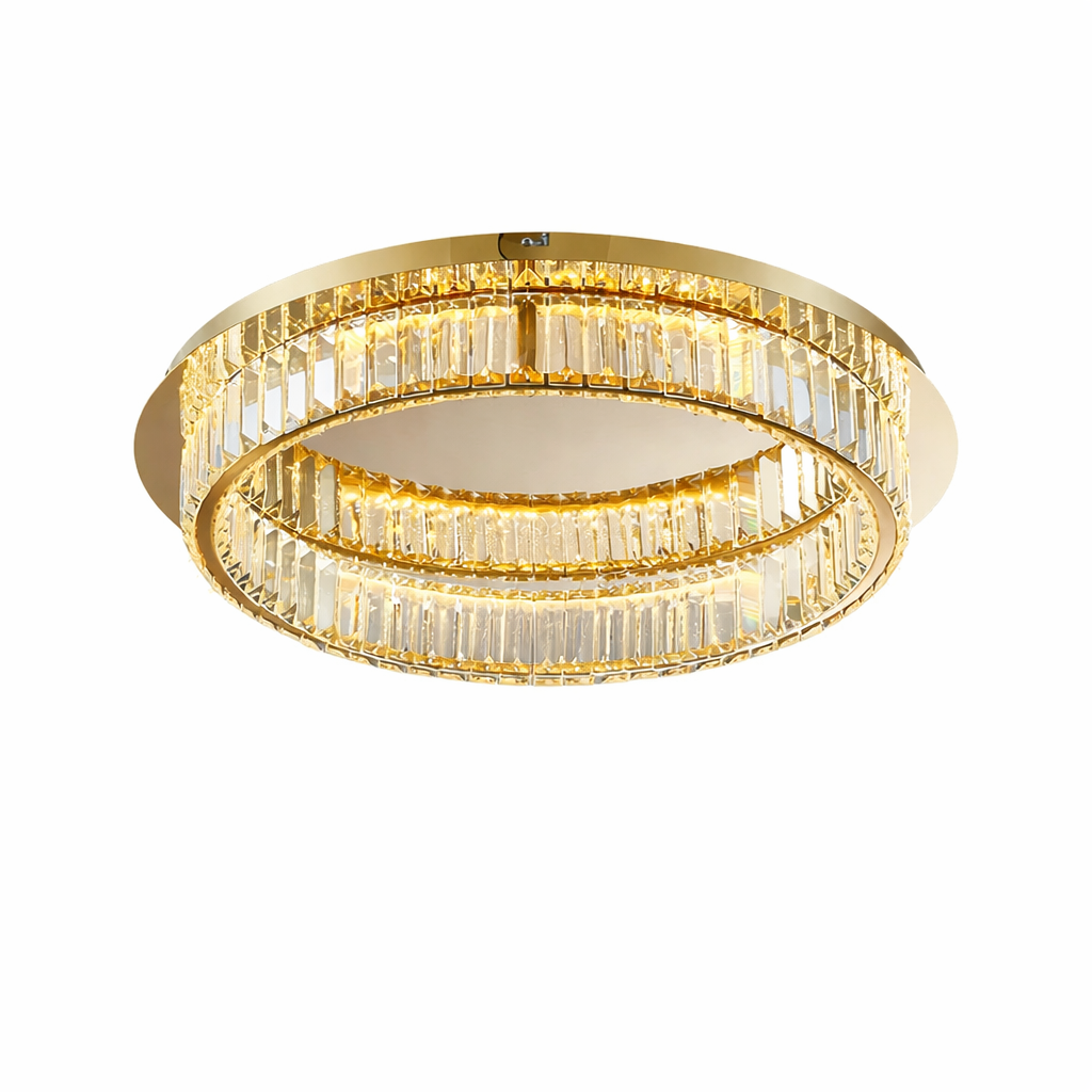 VORELLI® Oia crystal ceiling light featuring perimeter crystal bars arranged around circular flush mount design on white background