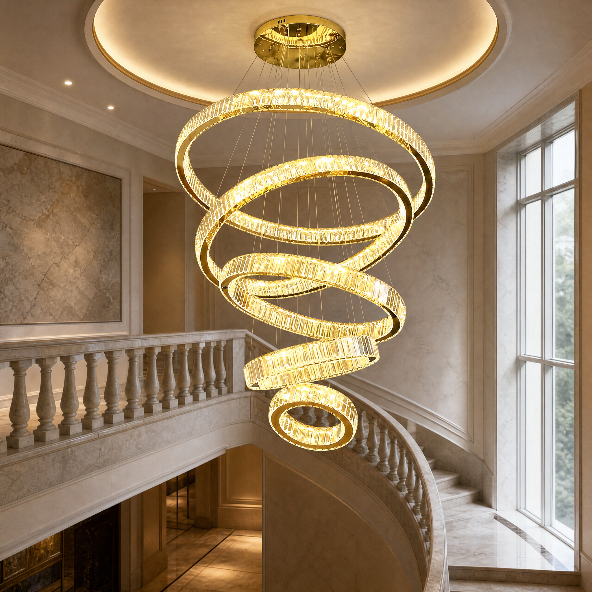 The elegant VORELLI Oia Ring Chandelier adding sophisticated ambiance to a modern hotel lobby, showcasing tiered crystal bars casting warm, welcoming light.