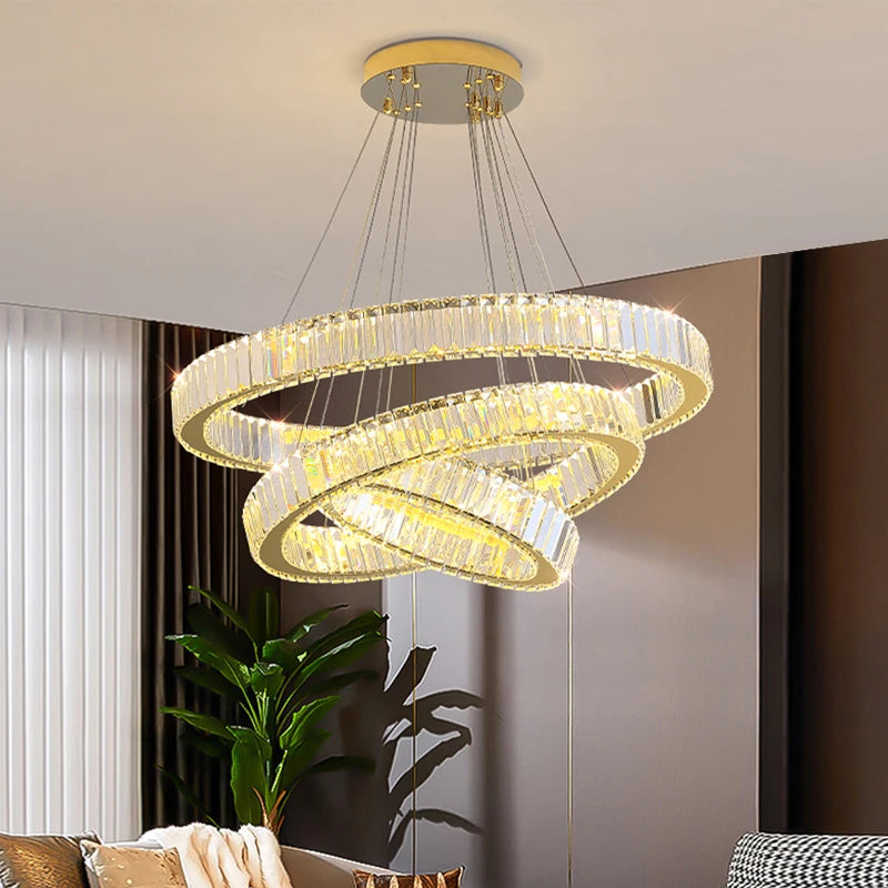 VORELLI® Oia luxury trio ring chandelier enhancing upscale interior with cascading circular crystal bars