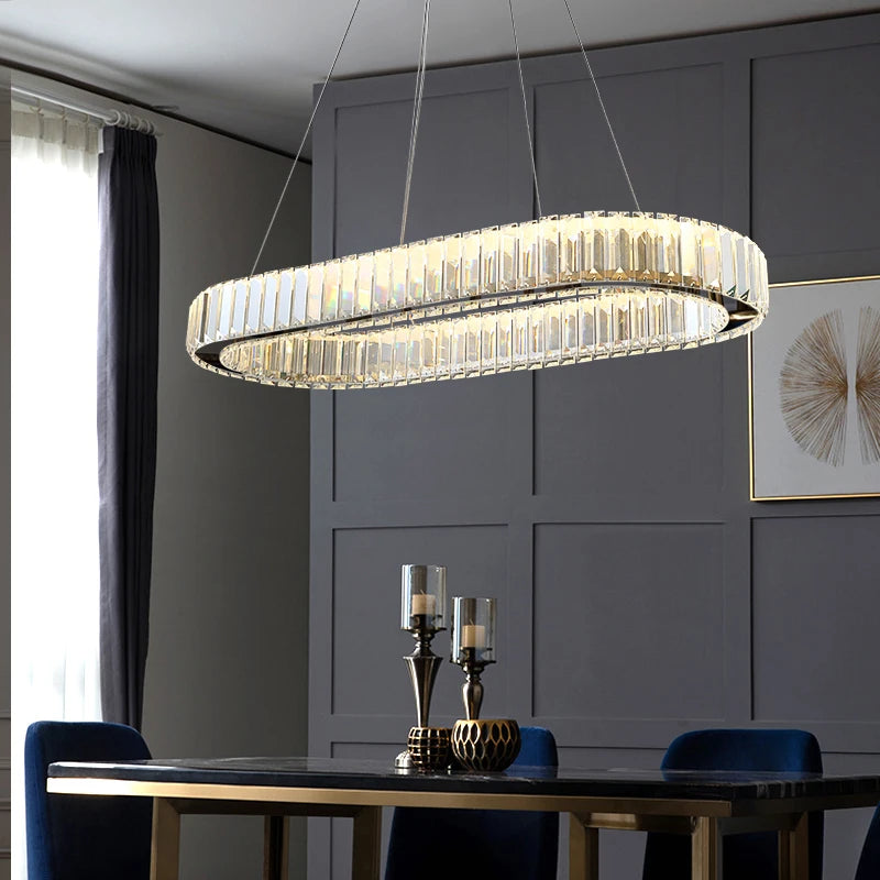 Close up of crystal bars arranged along perimeter of VORELLI® Oia rectangular chandelier