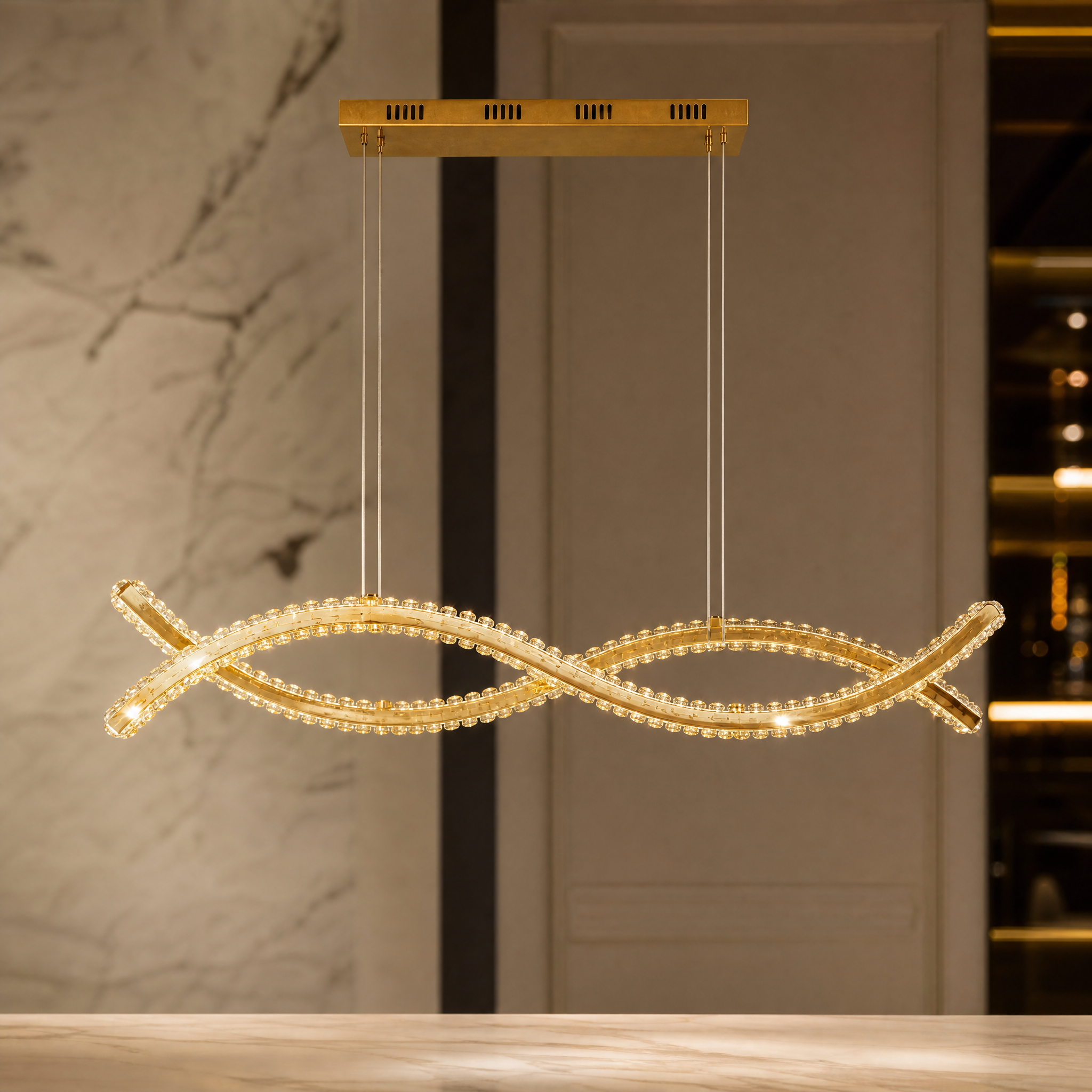 Macro view of the elegant crystal bars and customizable stainless steel frame on the Vorelli Oia Rectangular Chandelier II.