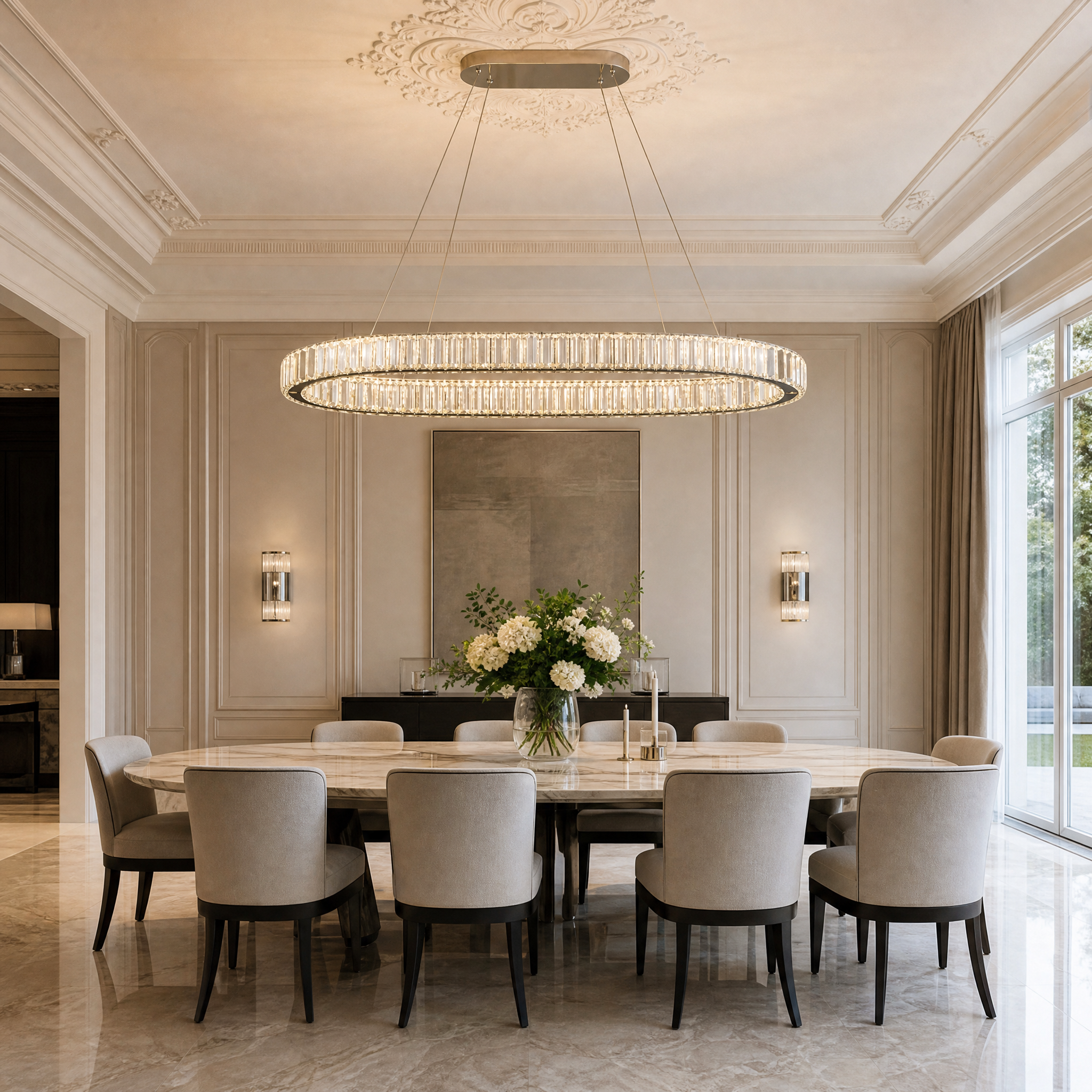VORELLI Oia rectangular crystal chandelier casting a warm, elegant glow over a luxury contemporary dining room table setup.
