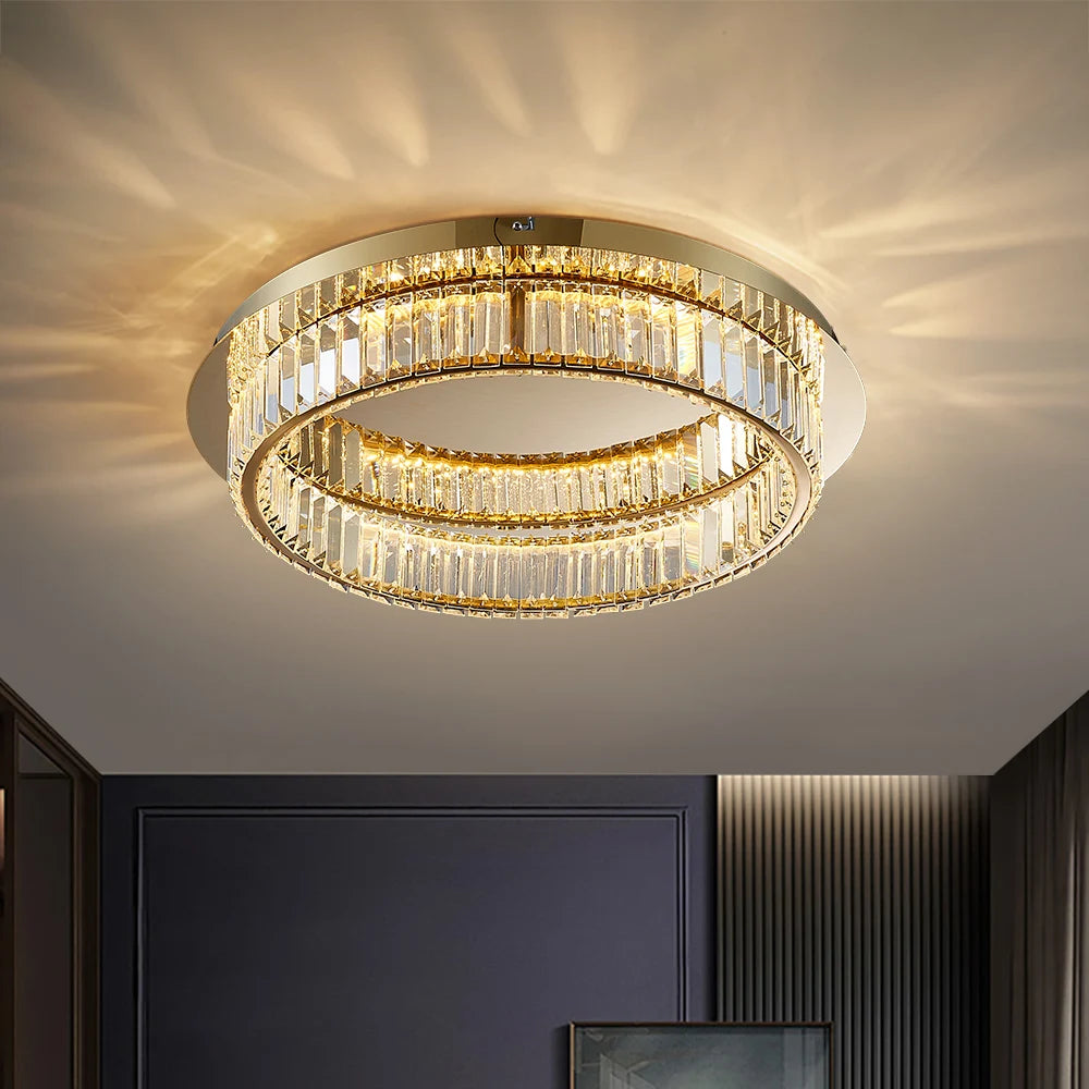 Detailed view of VORELLI® Oia crystal ceiling light highlighting circular frame and reflective centre