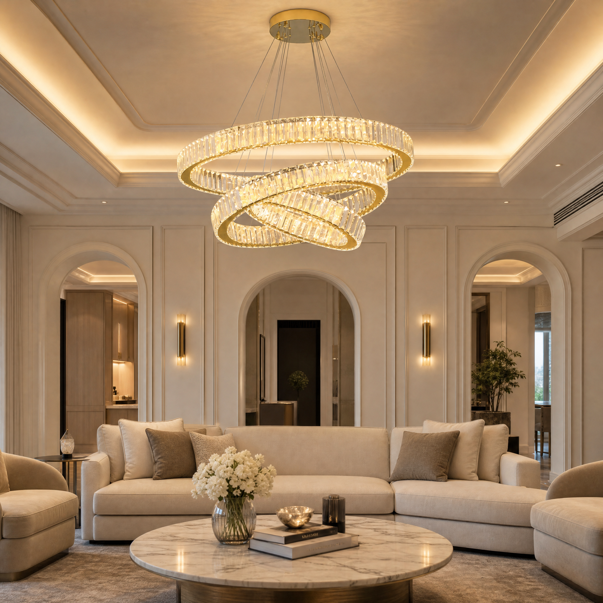 VORELLI Oia Trio Ring Circular Chandelier illuminating a contemporary, upscale residential living room with a warm and inviting glow.