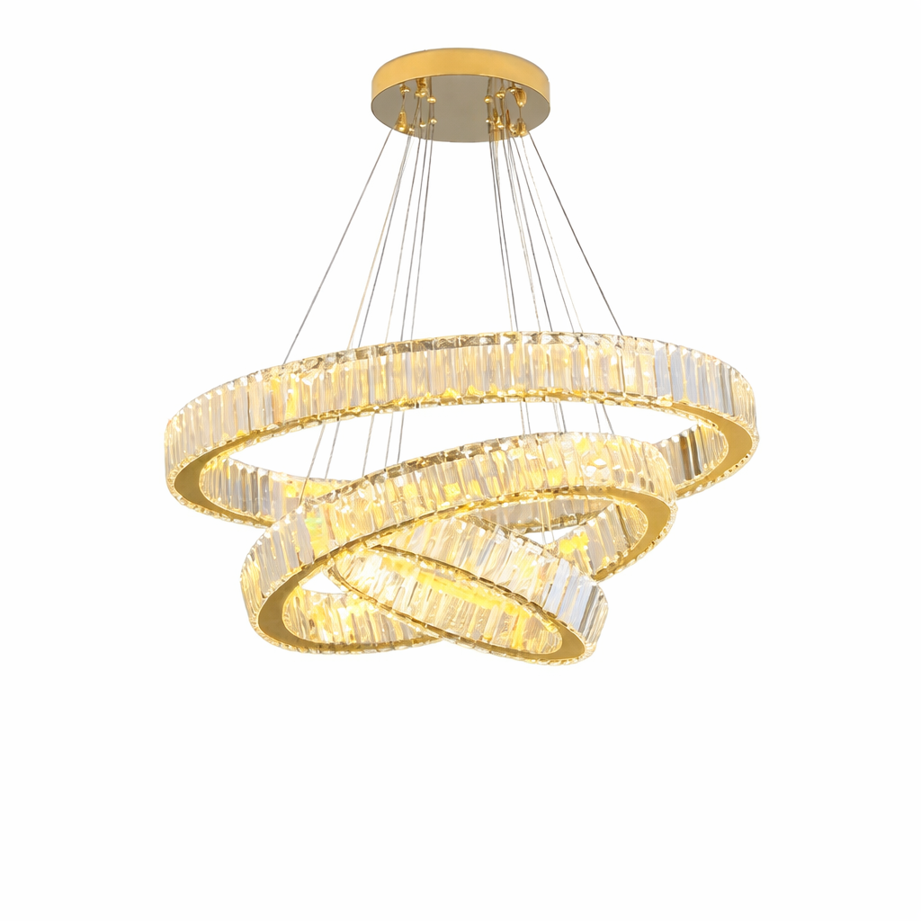 VORELLI® Oia trio ring circular chandelier featuring three cascading halo rings encircled by crystal bars on white background