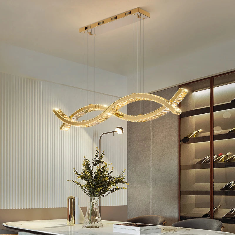 Close up of crystal bars integrated within flowing wave frame on VORELLI® Oia Rectangular Chandelier II