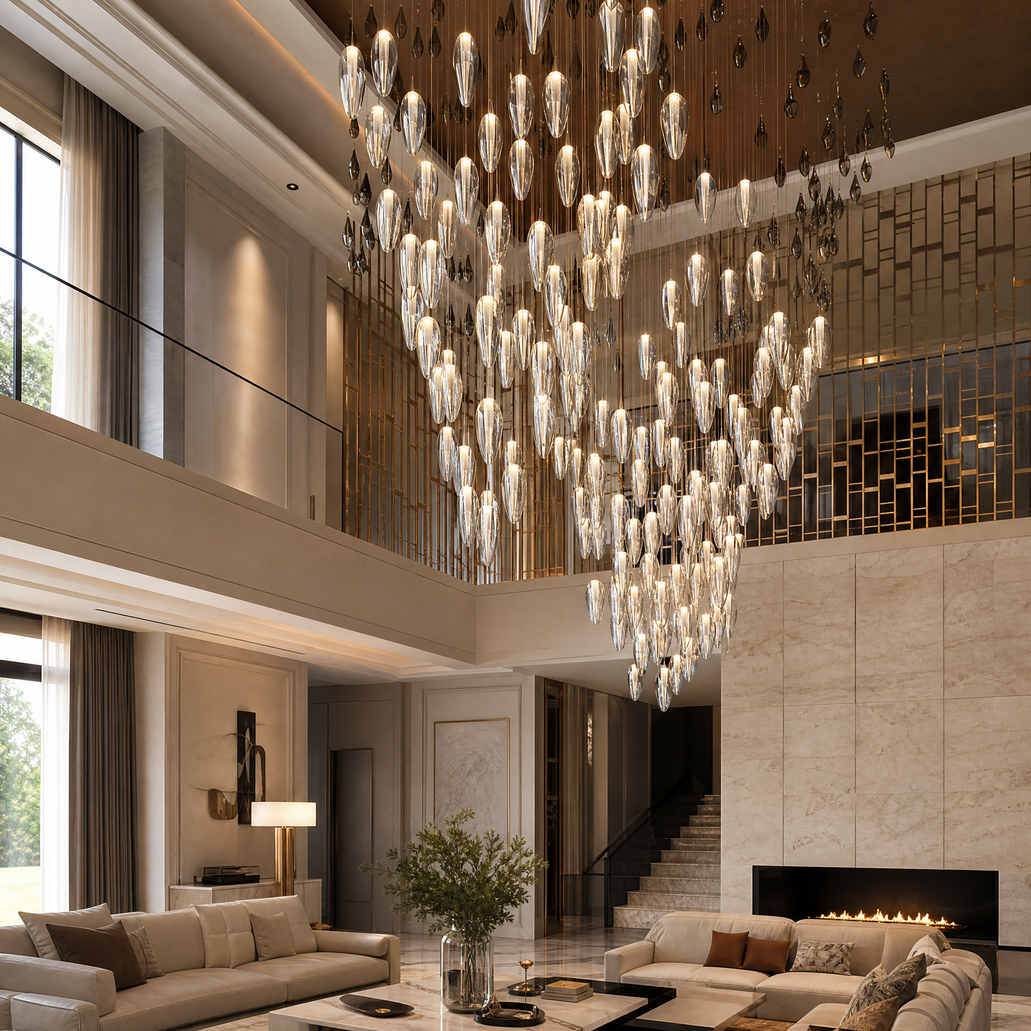 VORELLI Open Glass Droplet Project Installation featuring suspended elongated glass droplets in a modern luxury residential living room setting.