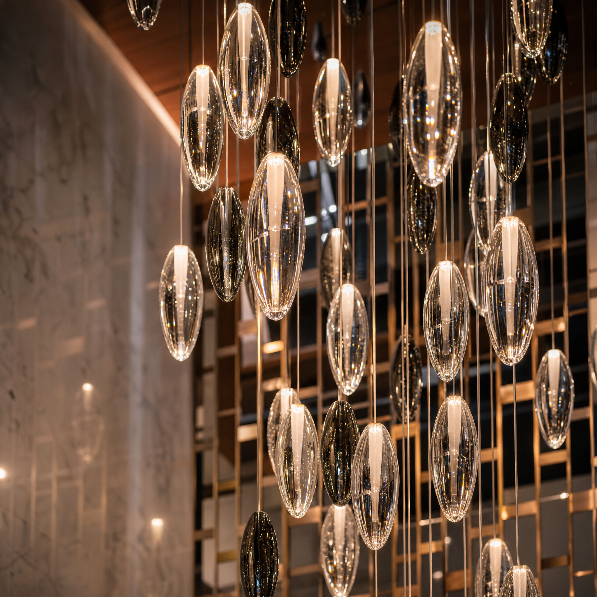Close-up detail of the VORELLI Open Glass Droplet Project Installation, showcasing the layered arrangement and refined vertical composition of the glass droplets.