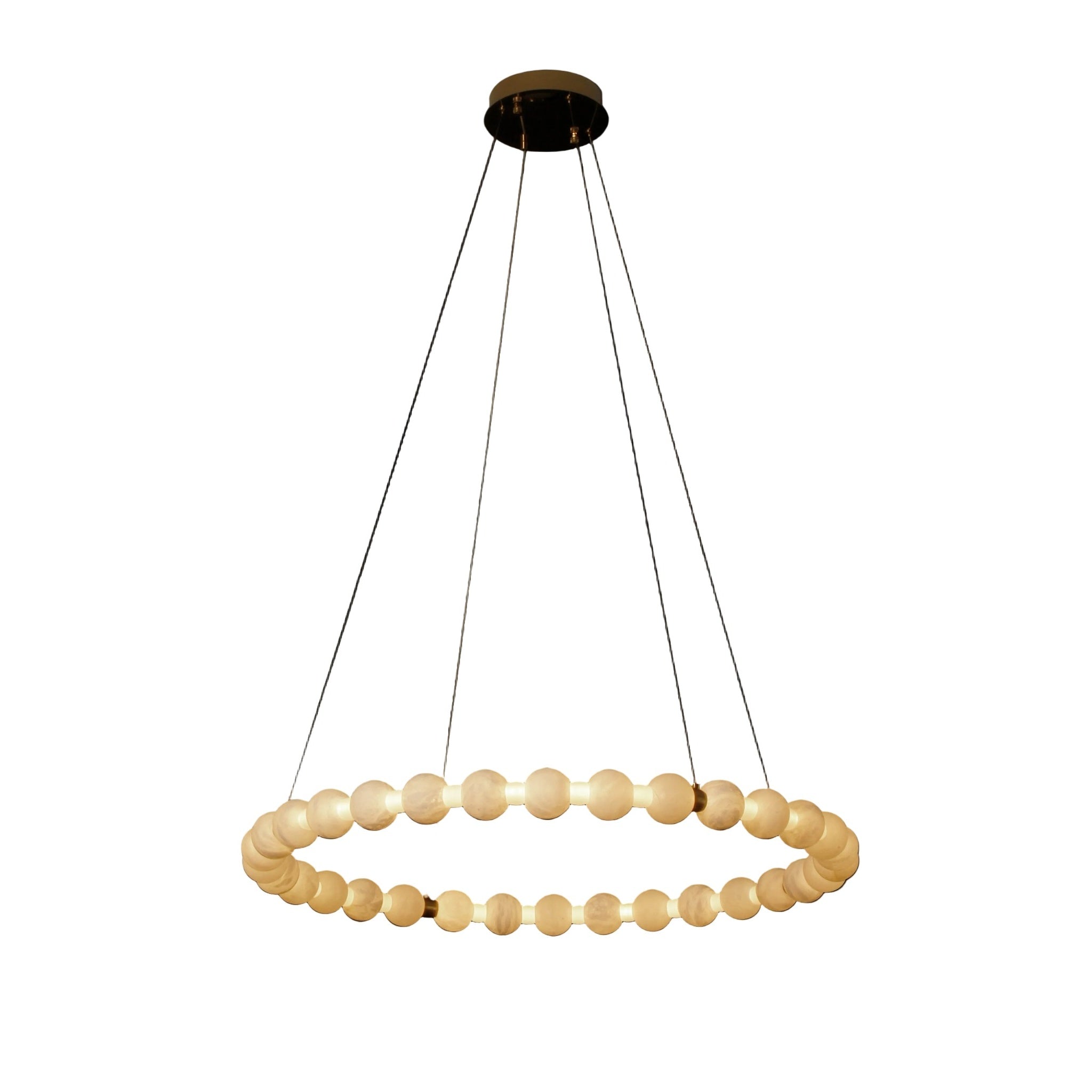 VORELLI® Orbella marble circular chandelier featuring smooth marble spheres arranged in illuminated ring formation on white background