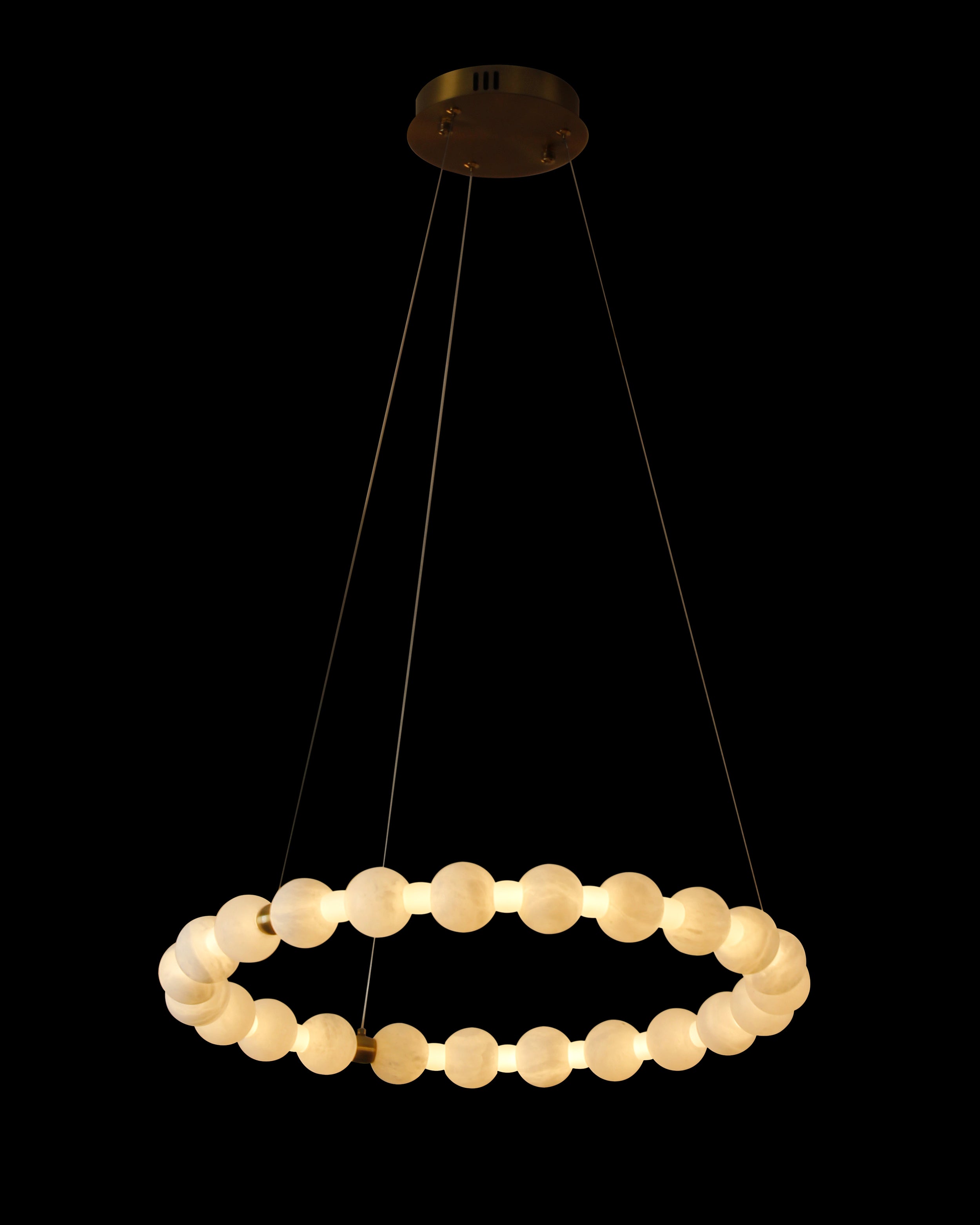 VORELLI® Orbella marble ring chandelier suspended in contemporary interior creating refined halo lighting