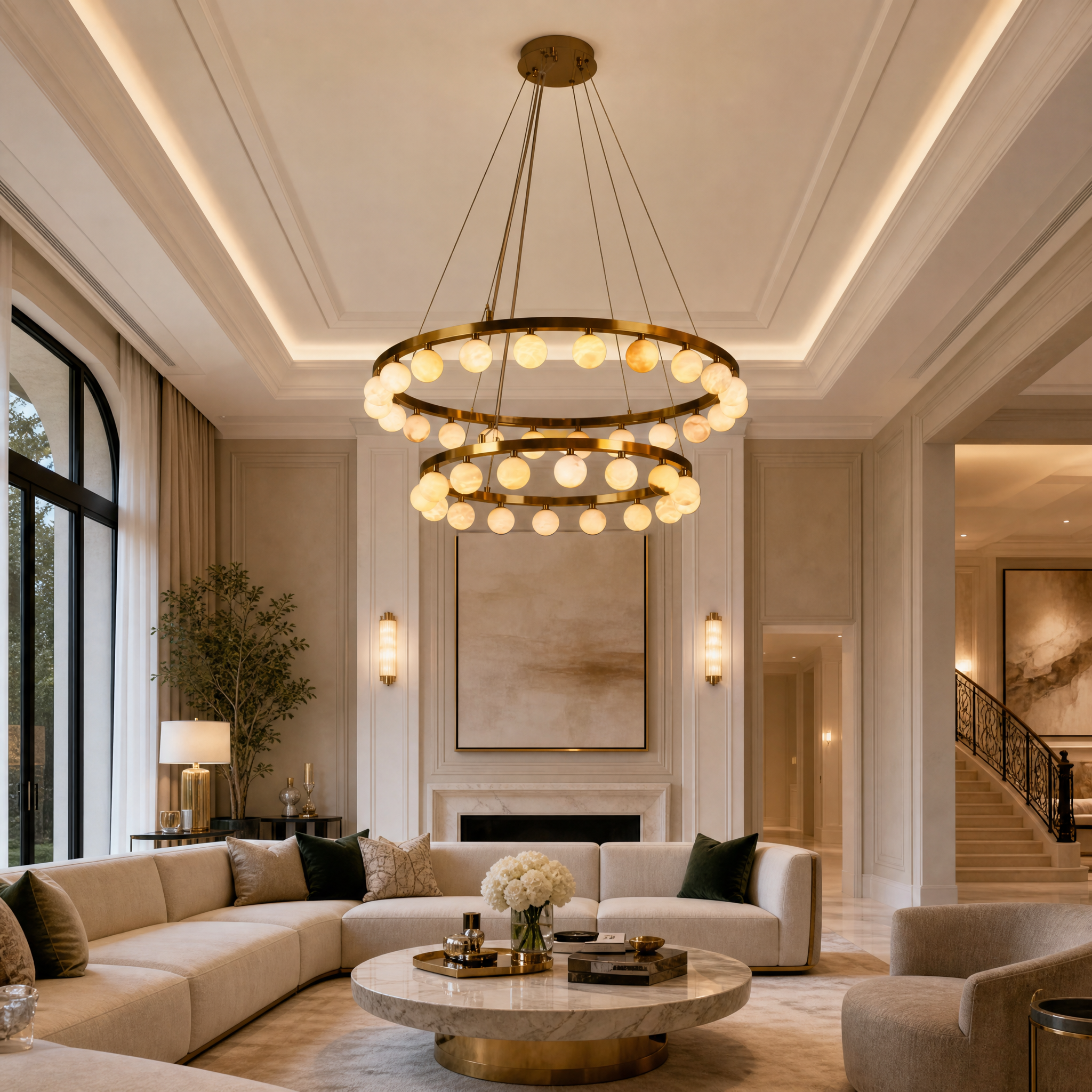 VORELLI Orbit Marble Double Ring Chandelier casting a warm ambient glow over a modern luxury residential living room setting.