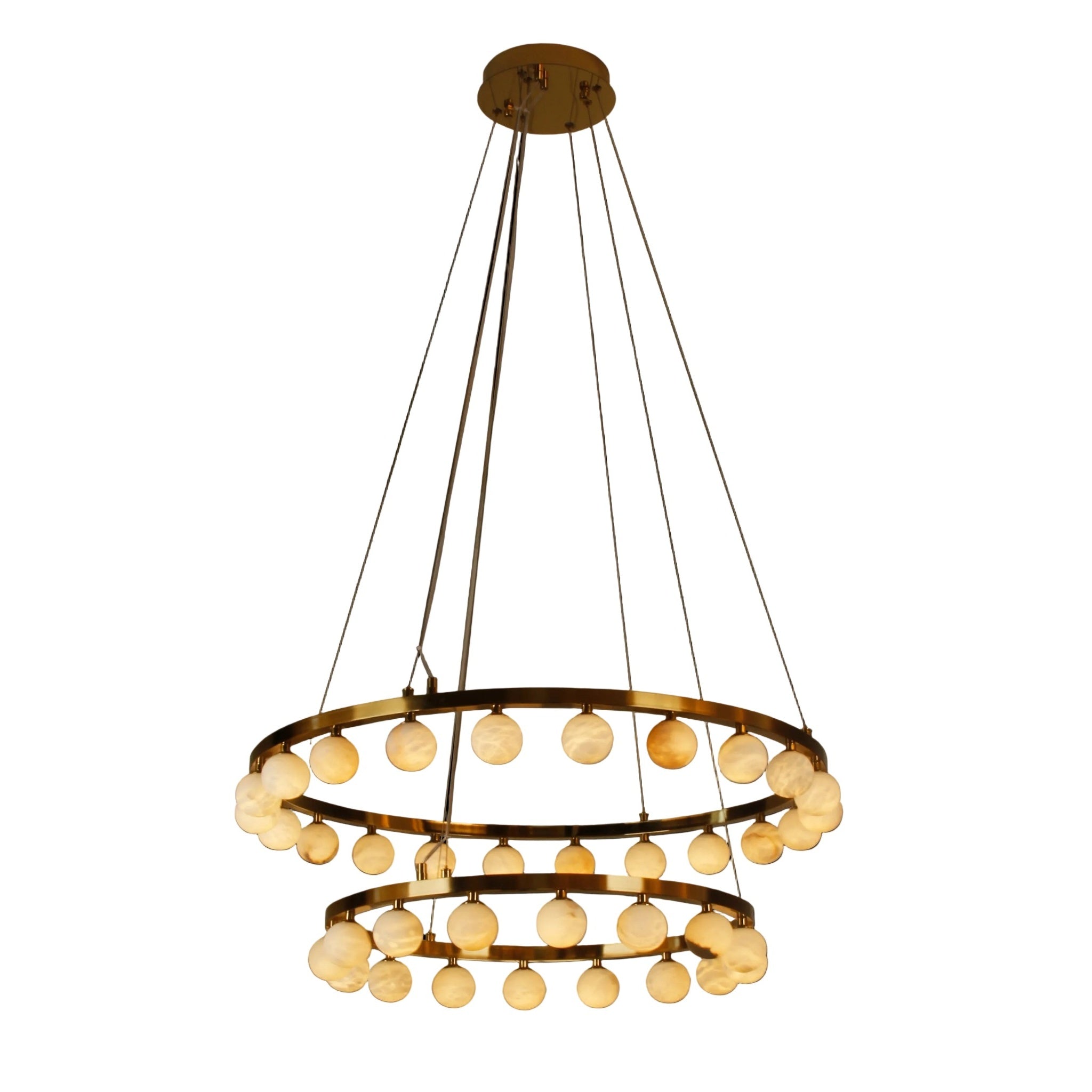 VORELLI® Orbit marble double ring chandelier featuring two radiant tiers of illuminated marble spheres suspended within circular frame on white background