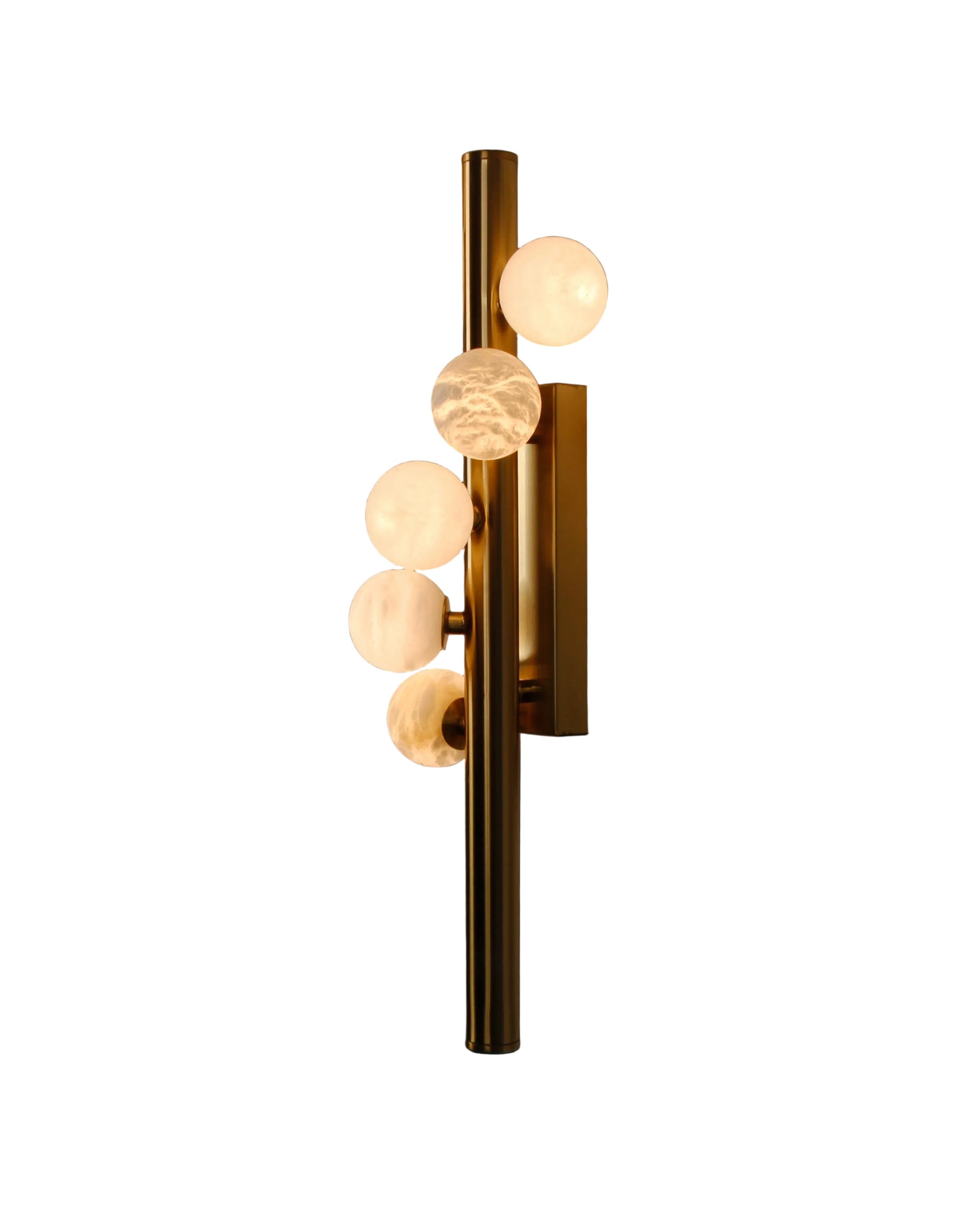 VORELLI® Orbit marble wall light featuring spherical marble globes arranged along sleek vertical wall mounted frame on white background