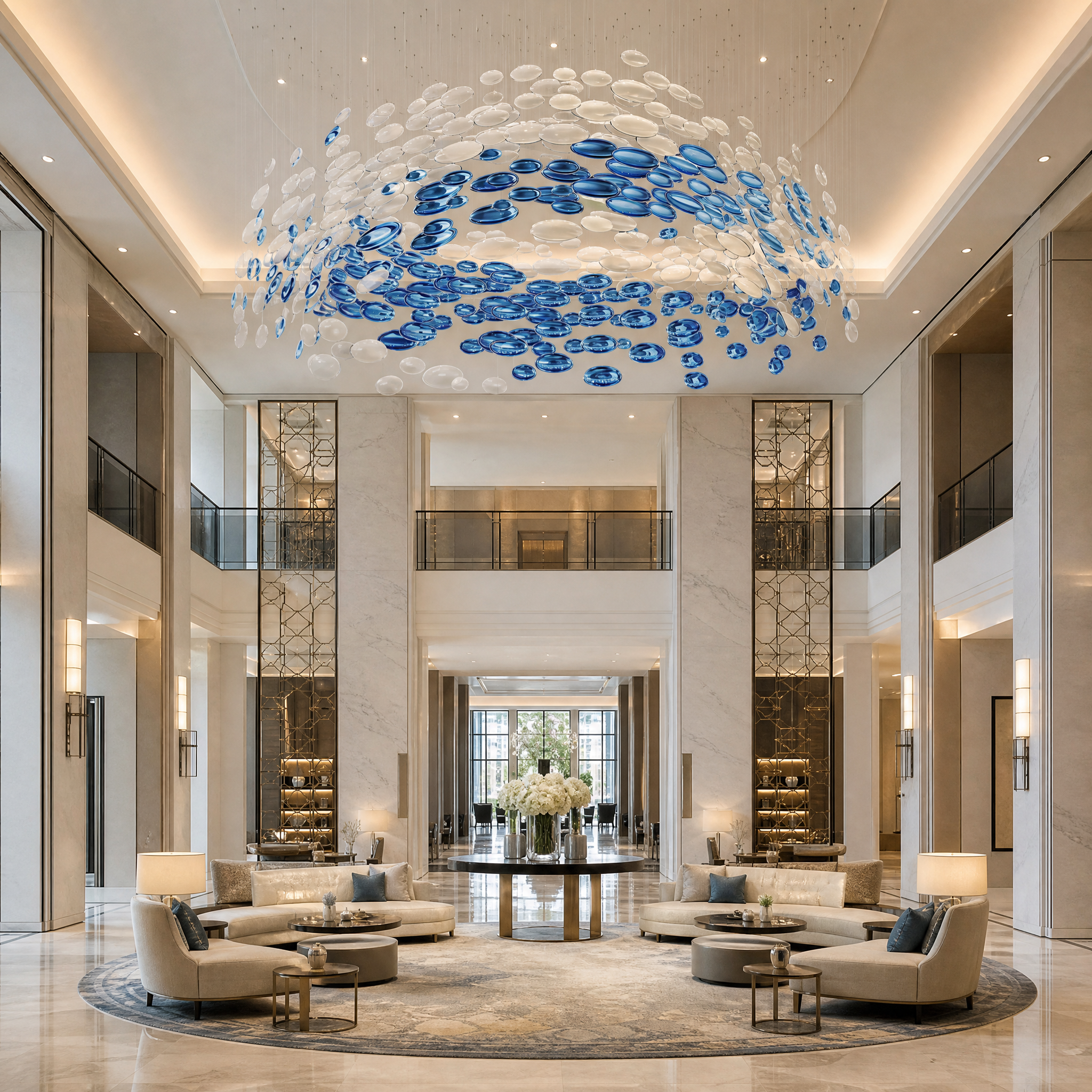 Grand scale Vorelli Orbital Motion handcrafted glass disc light installation illuminating a contemporary luxury hospitality hotel lobby.
