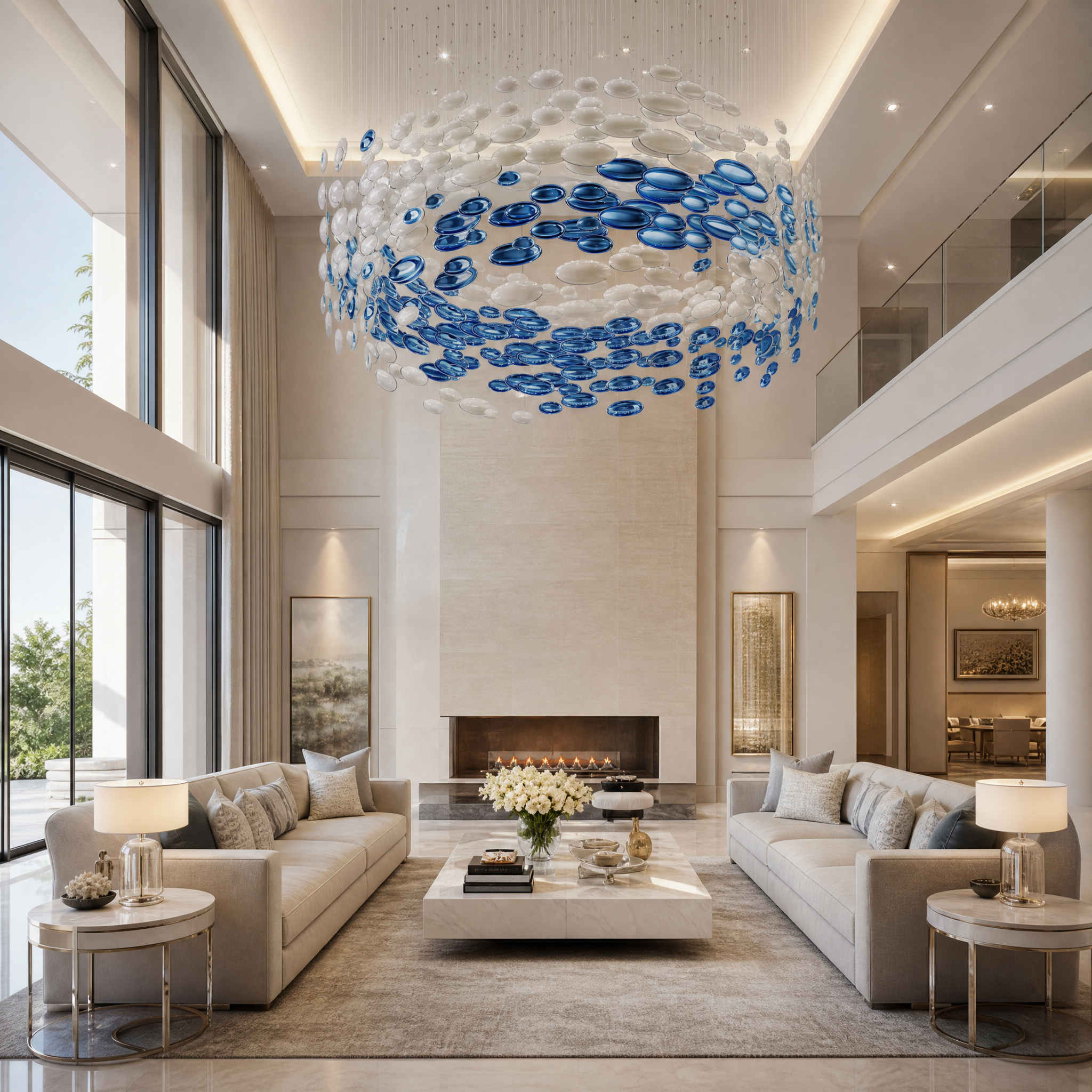 Vorelli Orbital Motion sculptural chandelier installed above a dining table in a luxury modern residential interior.