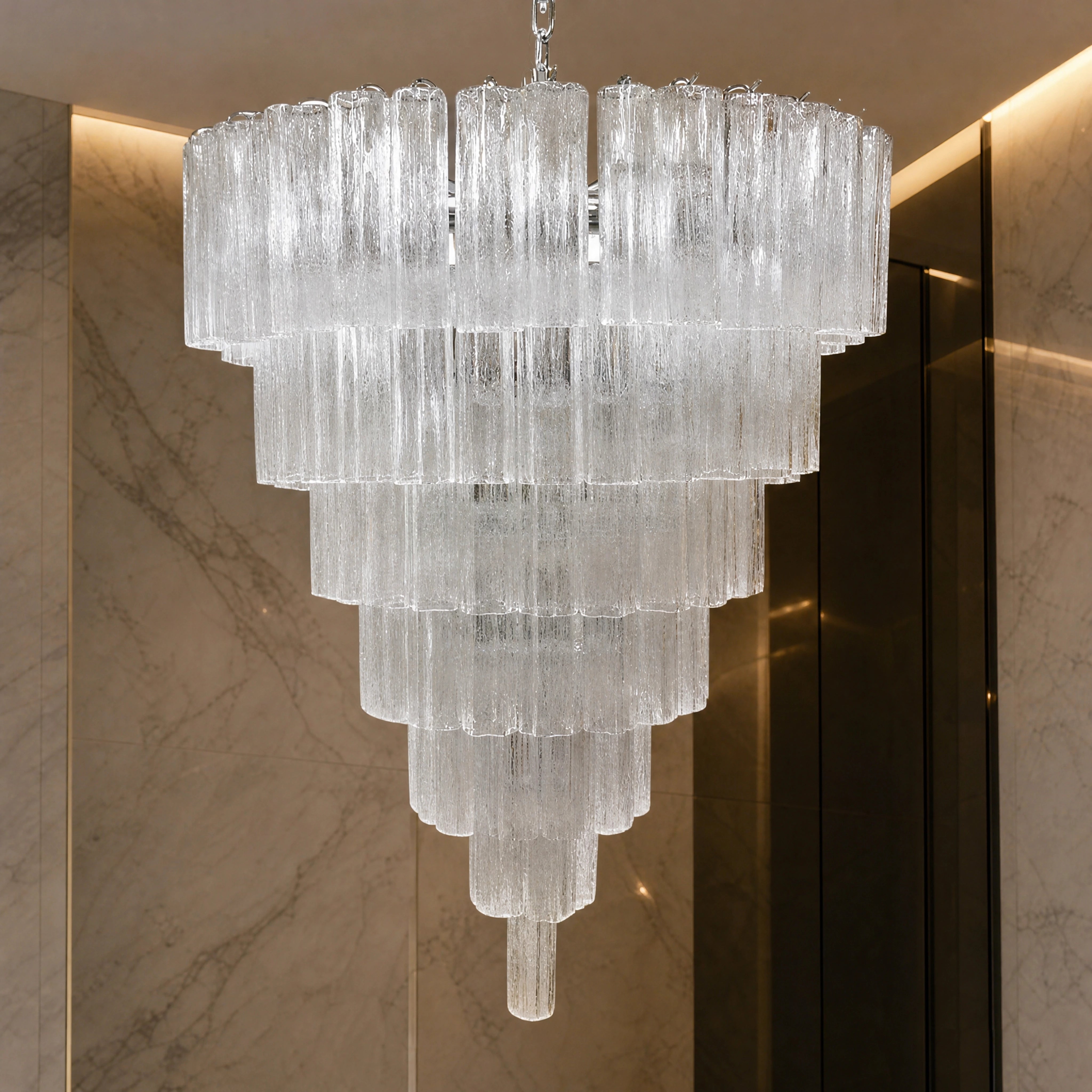 Ornella Tronchi Murano Glass Staircase Chandelier close-up luxury lifestyle hero image by VORELLI