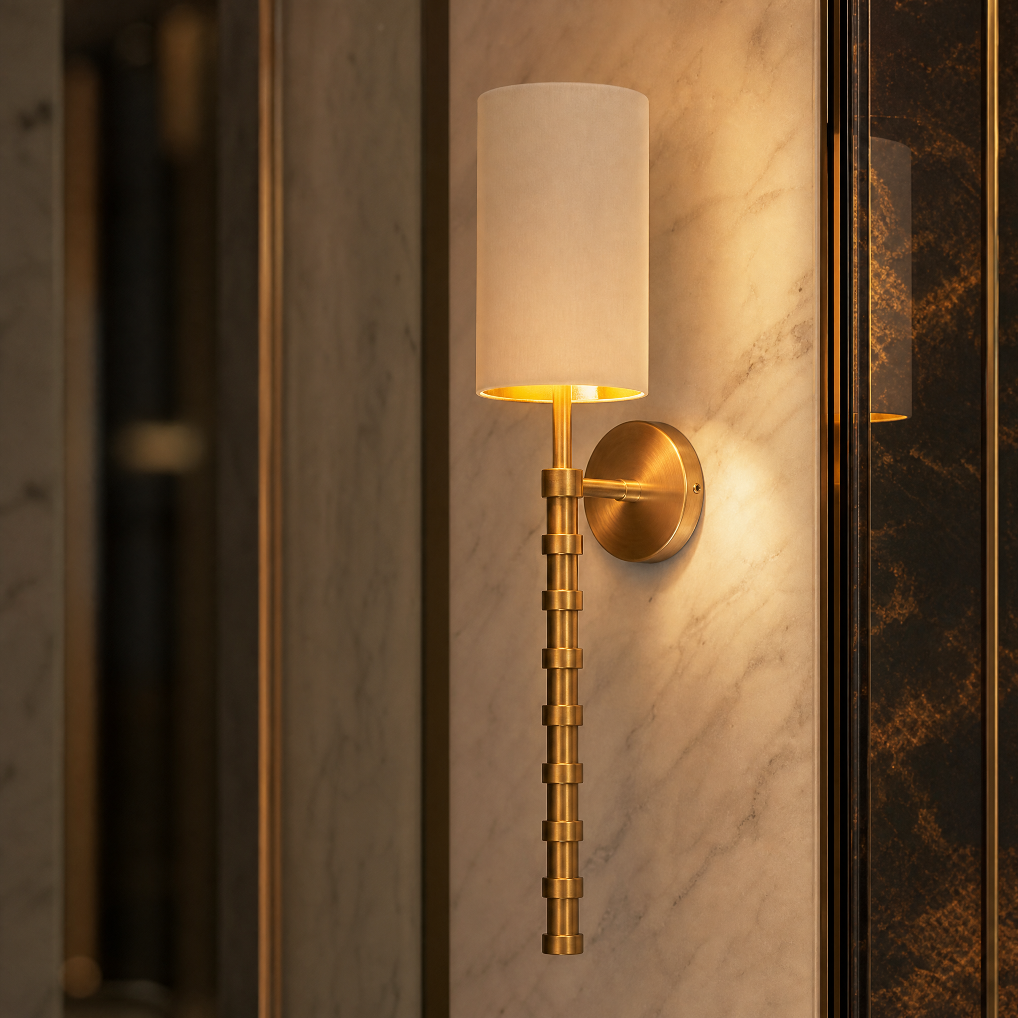 Detailed closeup of the Vorelli Orsini wall light highlighting the beautifully detailed linear stem texture and premium fabric shade material.