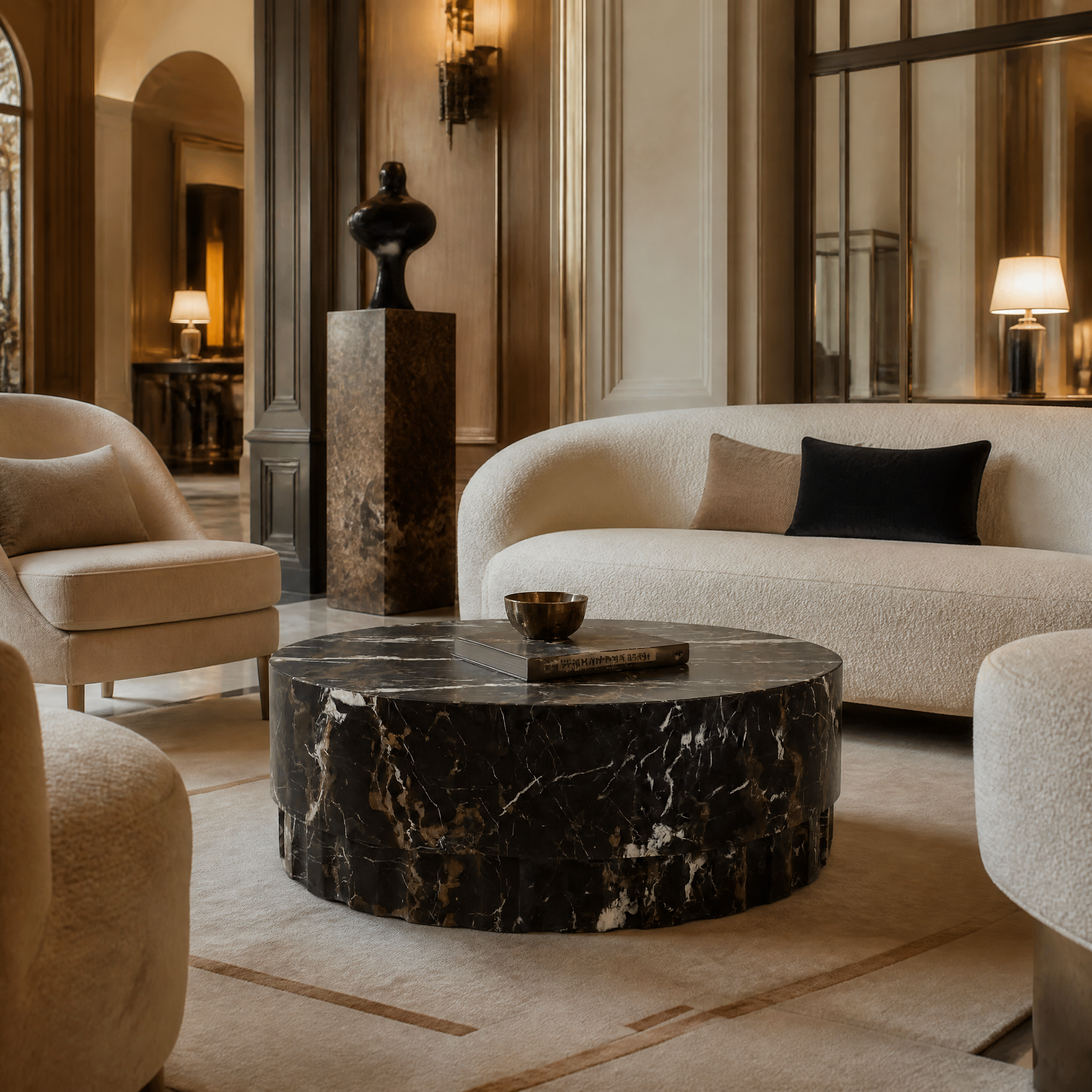 Elegant Orvieto circular coffee table featuring honed marble in black and gold tones, displayed in a high-end hospitality lounge interior.