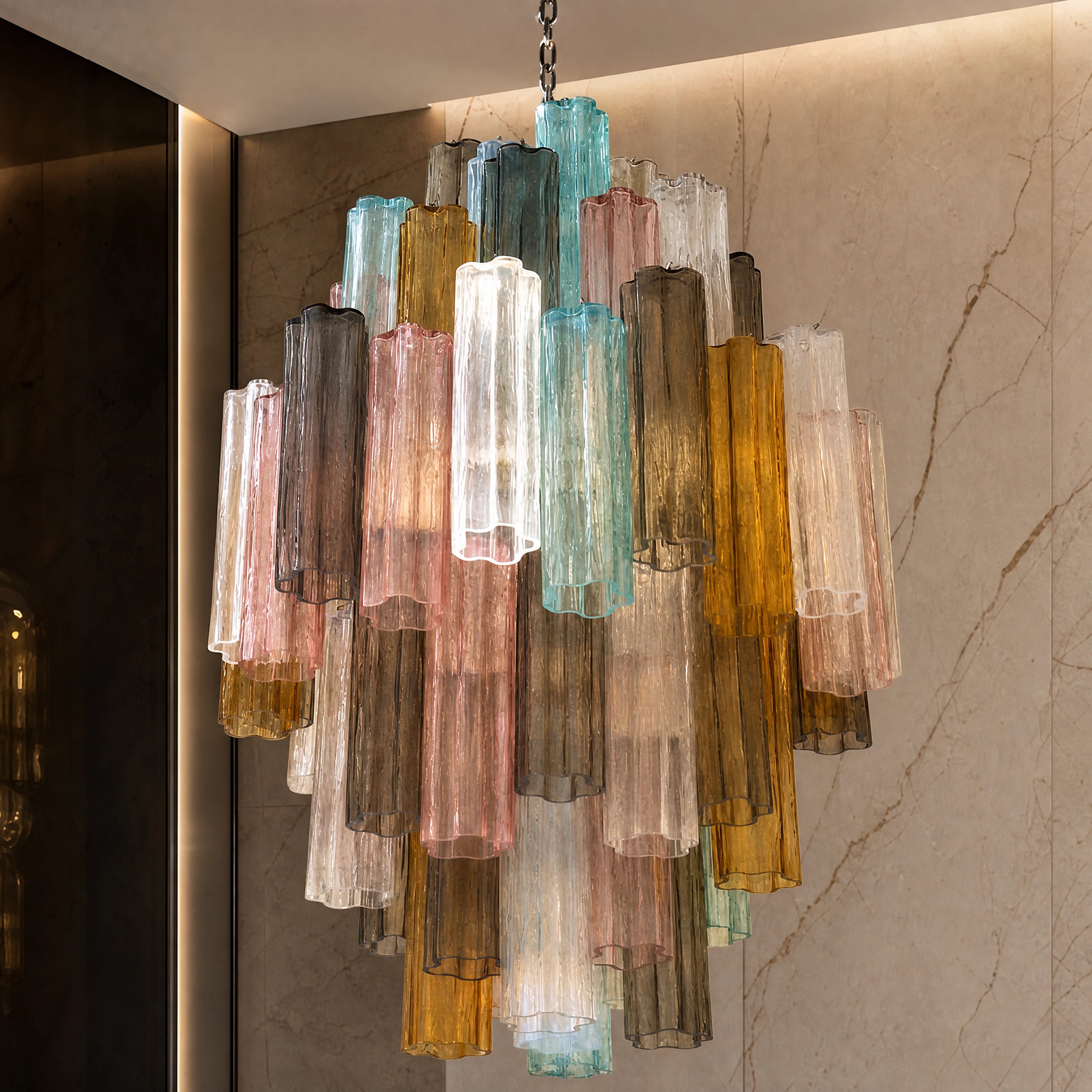 Lorena Tronchi Murano Glass Staircase Chandelier close-up luxury lifestyle hero image by VORELLI