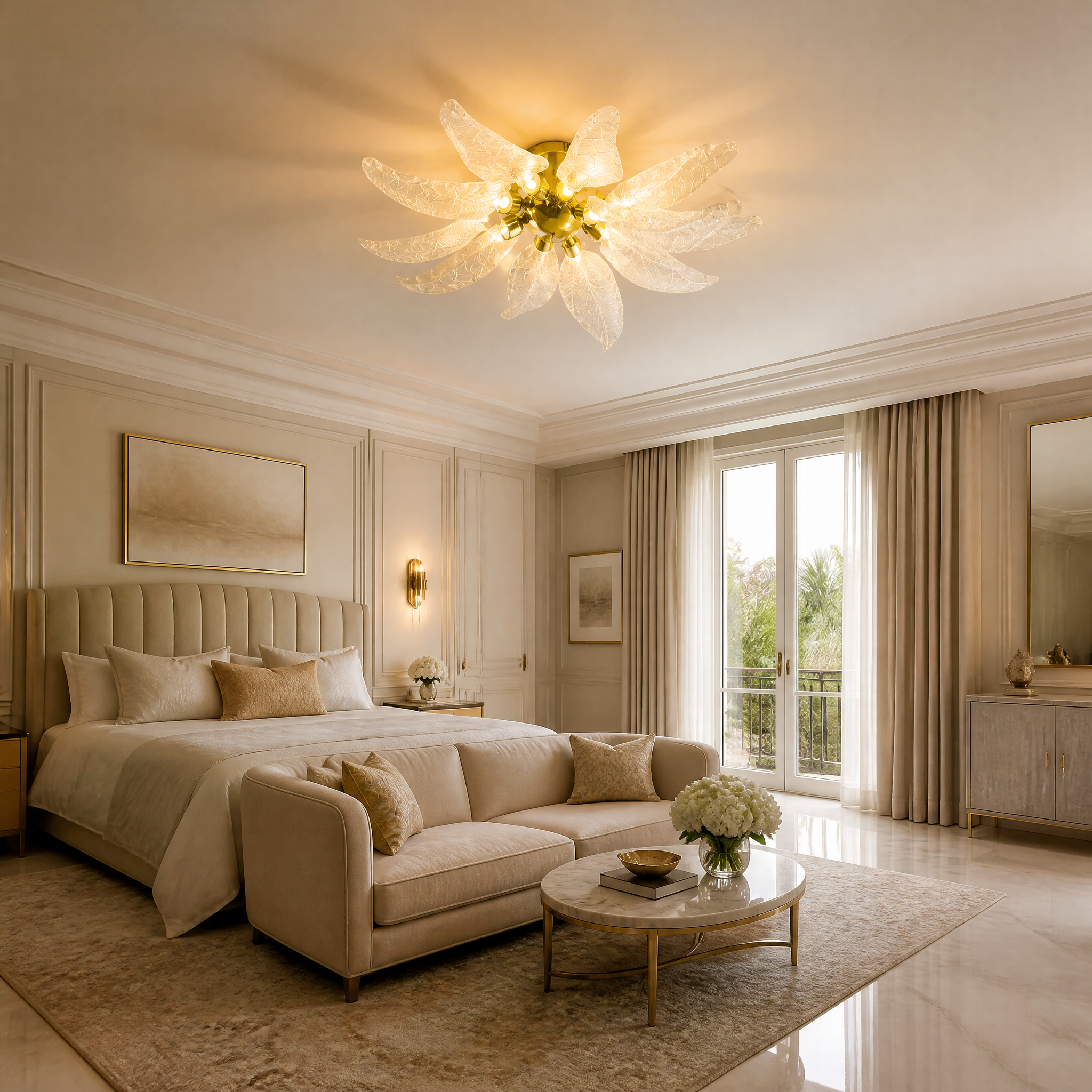VORELLI Ottobre luxury ceiling light with textured glass leaves illuminating a sophisticated residential living room interior.