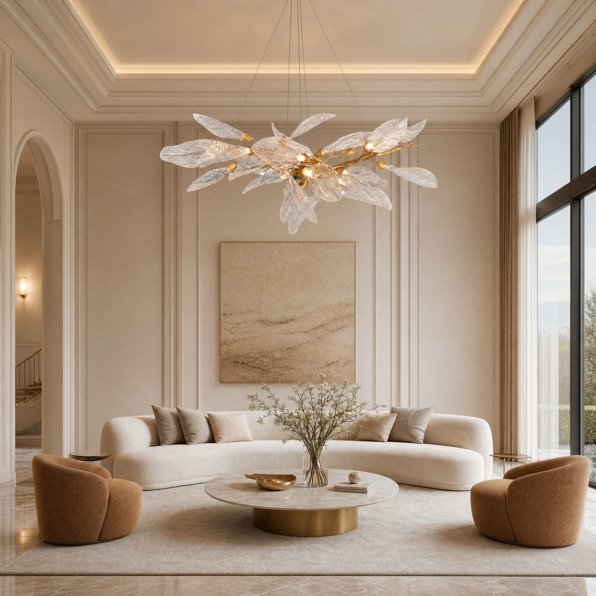 VORELLI Ottobre rectangular glass leaf chandelier illuminating a modern luxury dining room over a sleek table.