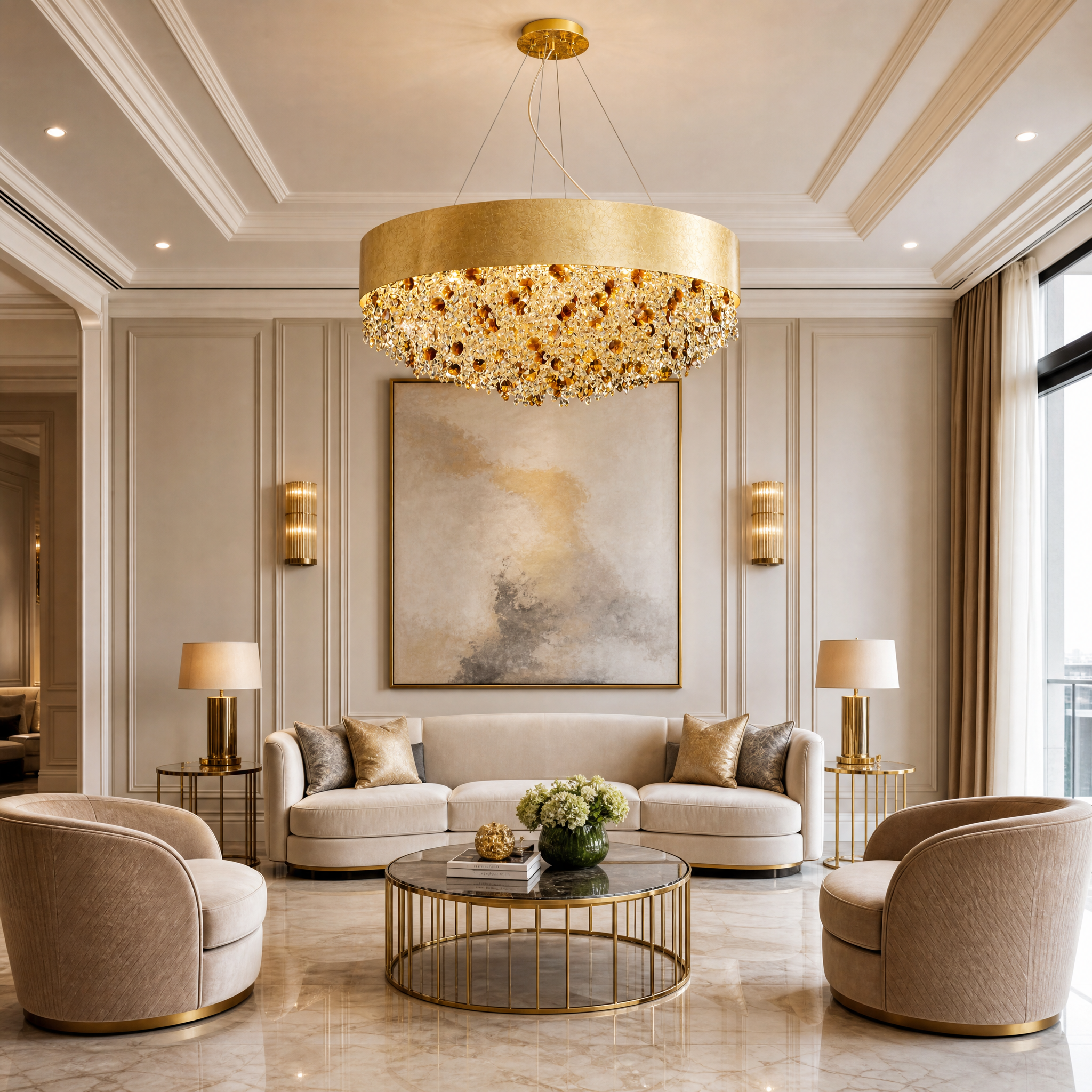 The VORELLI Owensboro circular chandelier hanging elegantly in a high-end residential living room, showcasing its textured gold foil design and glowing crystal prisms.